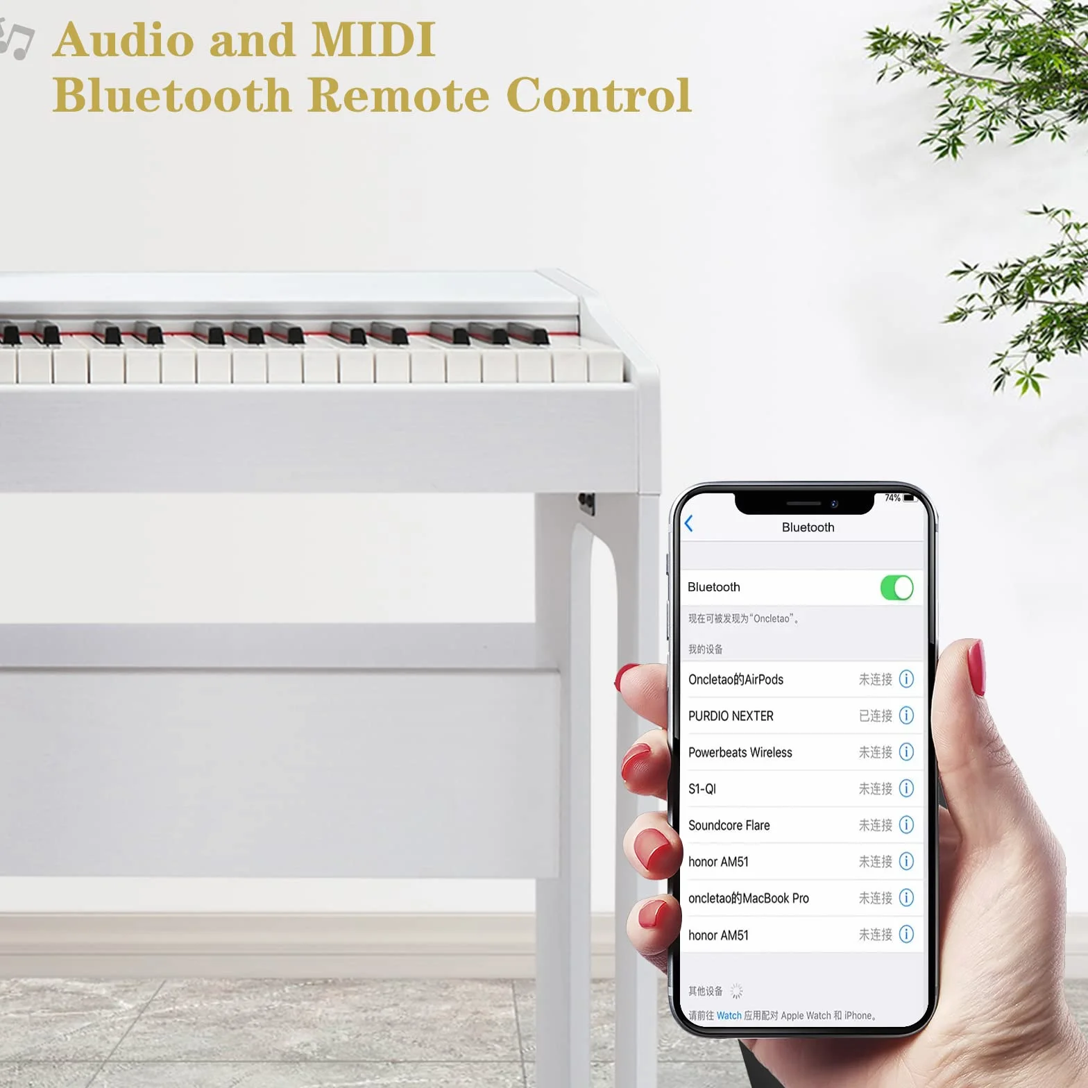 Piano Numérique 88 Touches Pondérées Glarry Domicile avec MIDI-USB, Bluetooth, Haut-Parleurs Stéréo, Action du Marteau, Clavier Fullsize Blanc