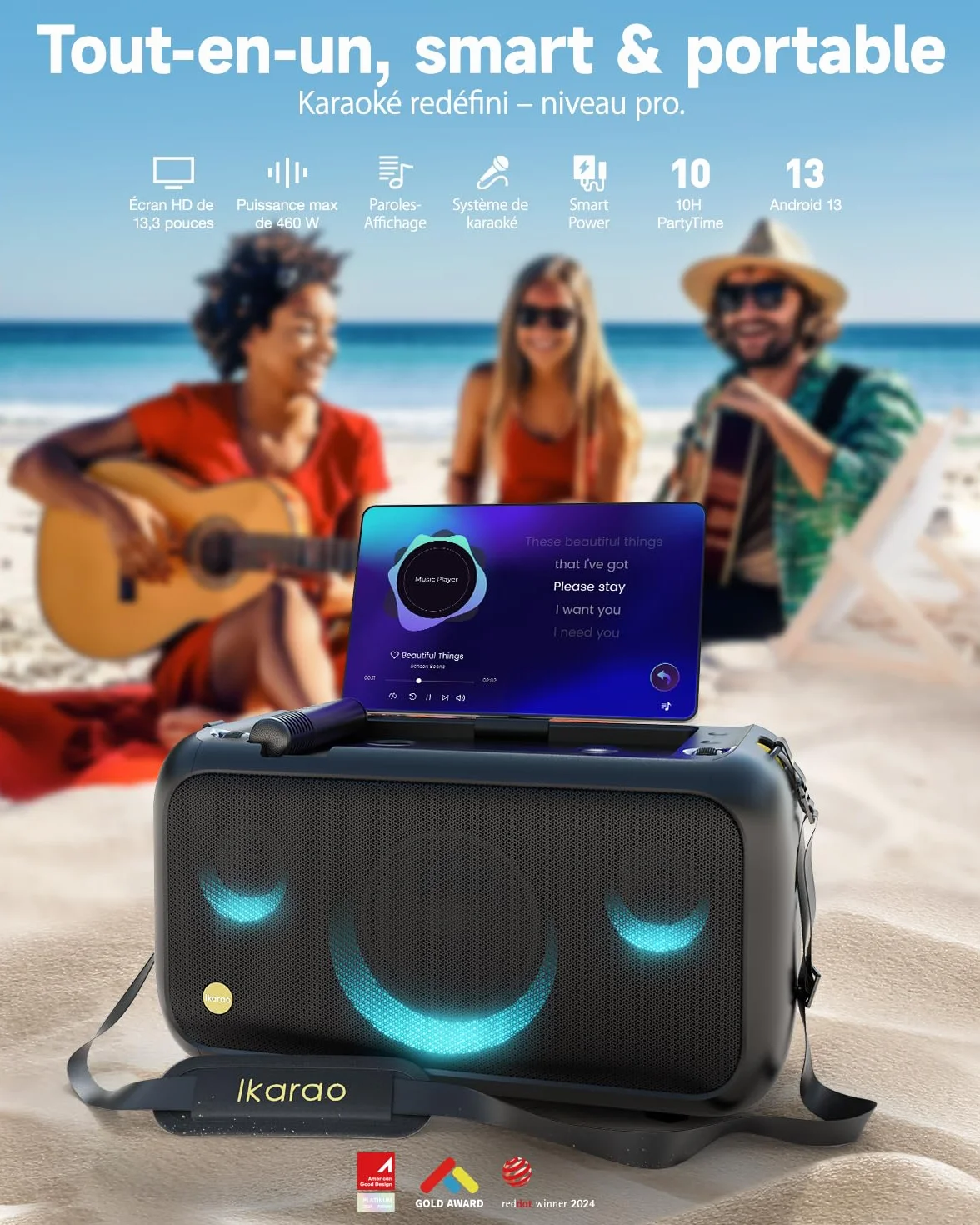 Ikarao Break X1 Machine de Karaoké avec Écran Tactile 13,3", Enceinte Bluetooth 800W, 2 Micros sans Fil et Éclairage LED