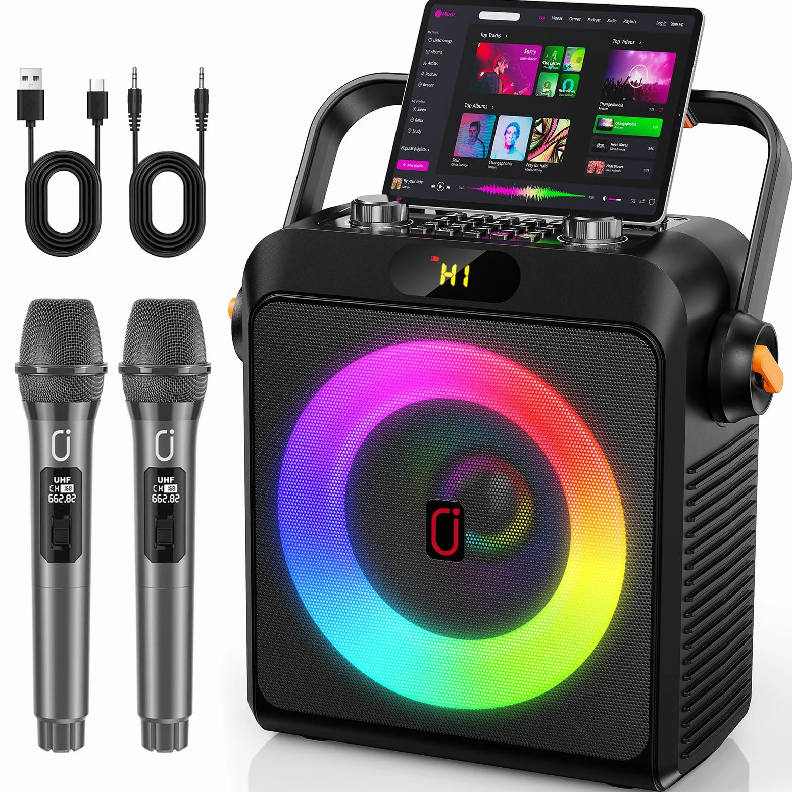 Machine de Karaoké Professionnel 80W avec 2 Microphones sans Fil, TWS Stéréo, 4 Mode Égaliseur Intégré, Support REC/AUX/USB/TF