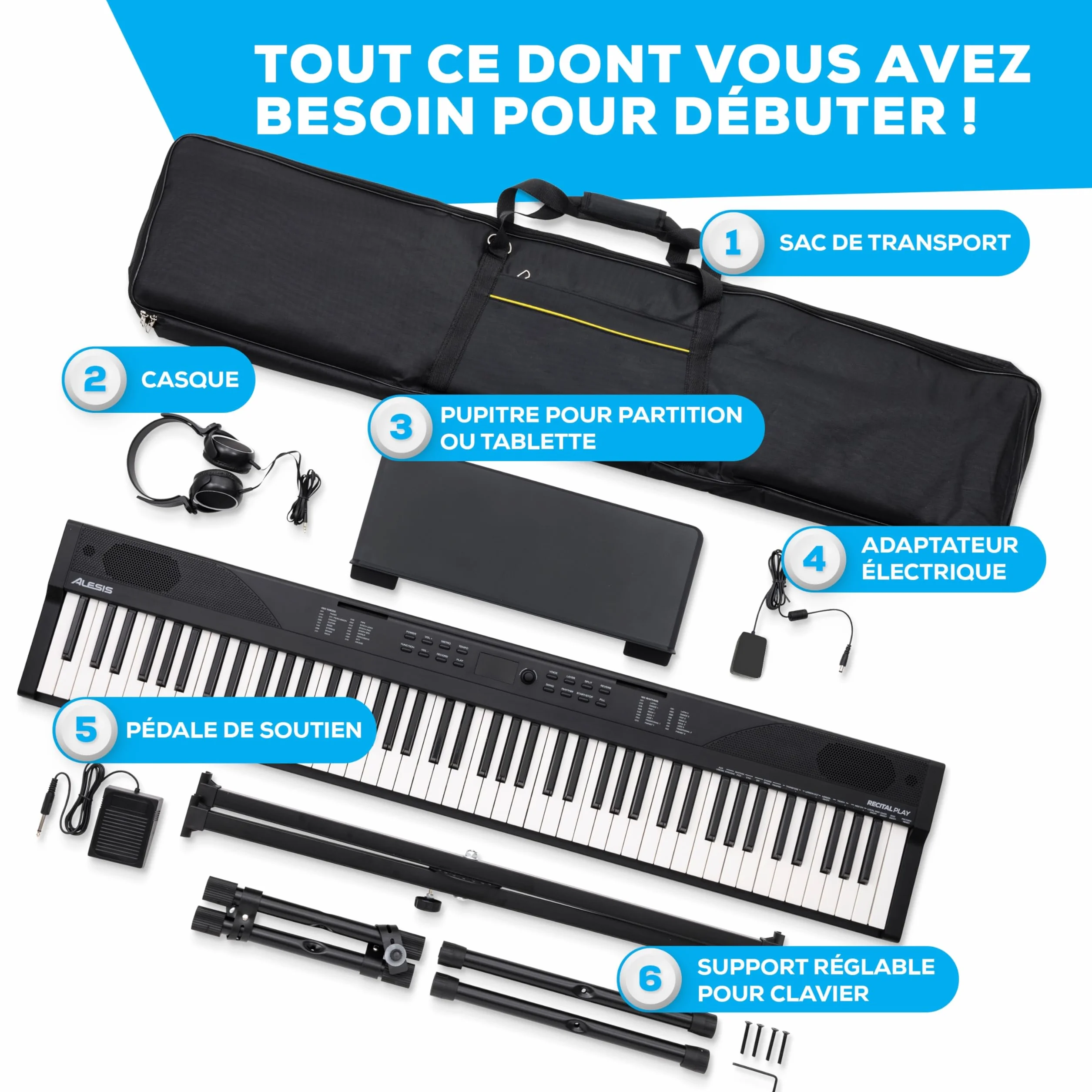 Alesis Piano Numérique 88 Touches avec 480 Sons, Haut-Parleurs, MIDI USB, Sac de Transport, Support, Casque, Pédale