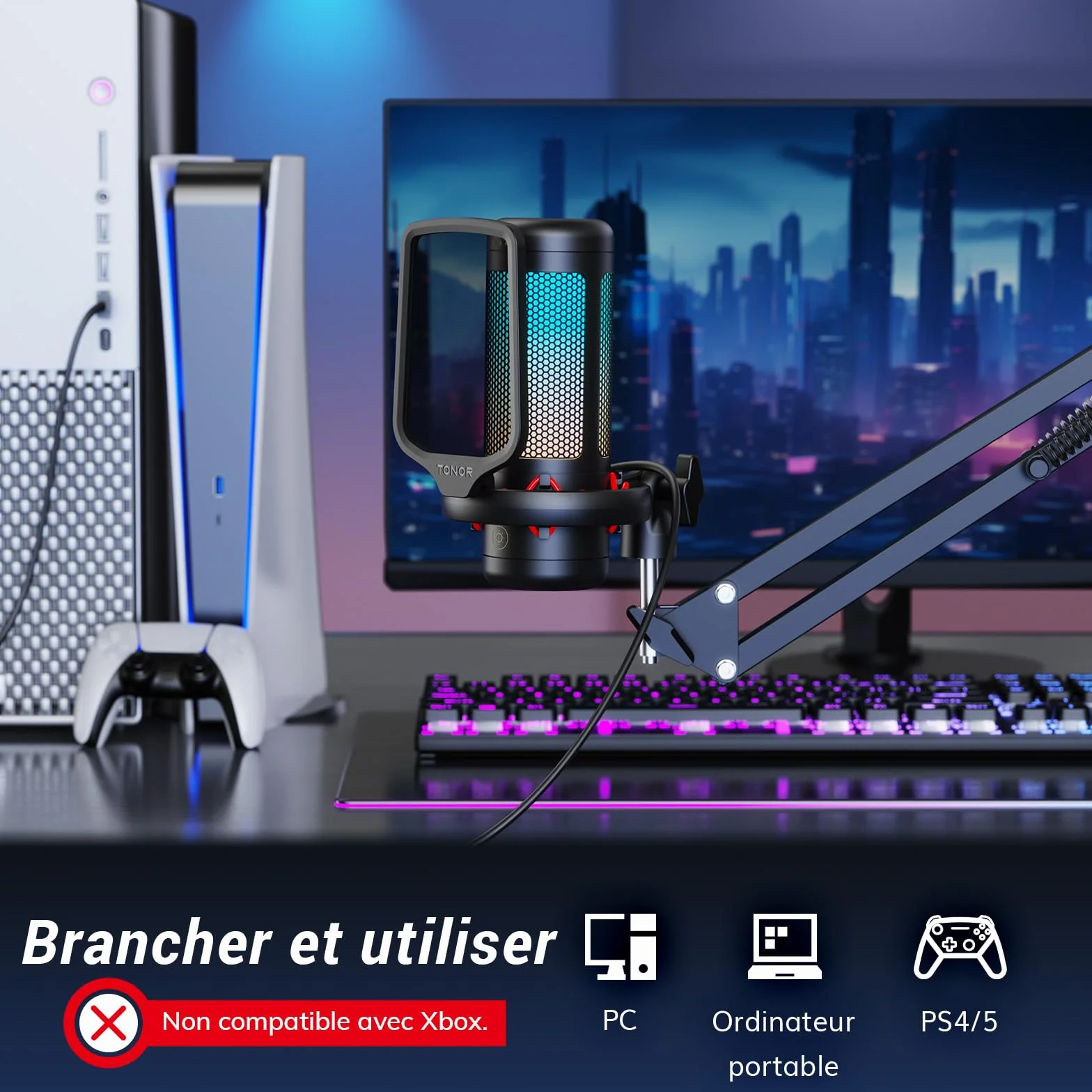 TONOR TC310+ Microphone USB RGB Condensateur Professionnel avec Support de Bras pour Streaming Enregistrement Jeux