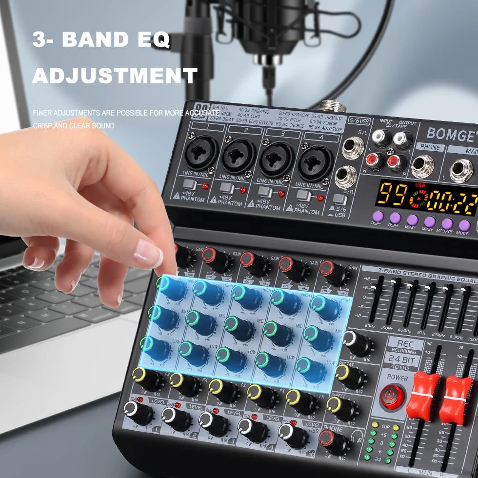 BOMGE Mixeur audio DJ professionnel 6 canaux 99 effets DSP égaliseur 7 bandes 48V Bluetooth USB enregistrement studio