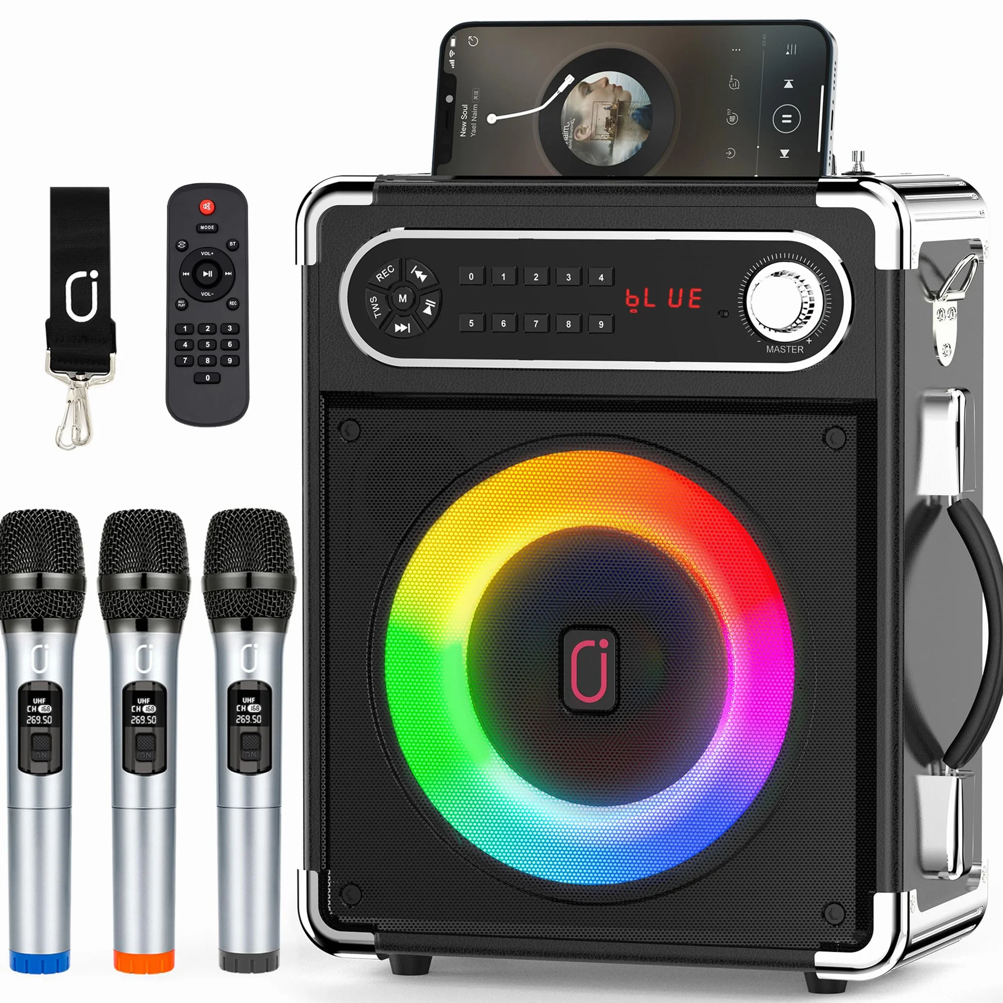 Enceinte karaoké Bluetooth 5.3 400W avec 3 microphones sans fil et lumières DJ