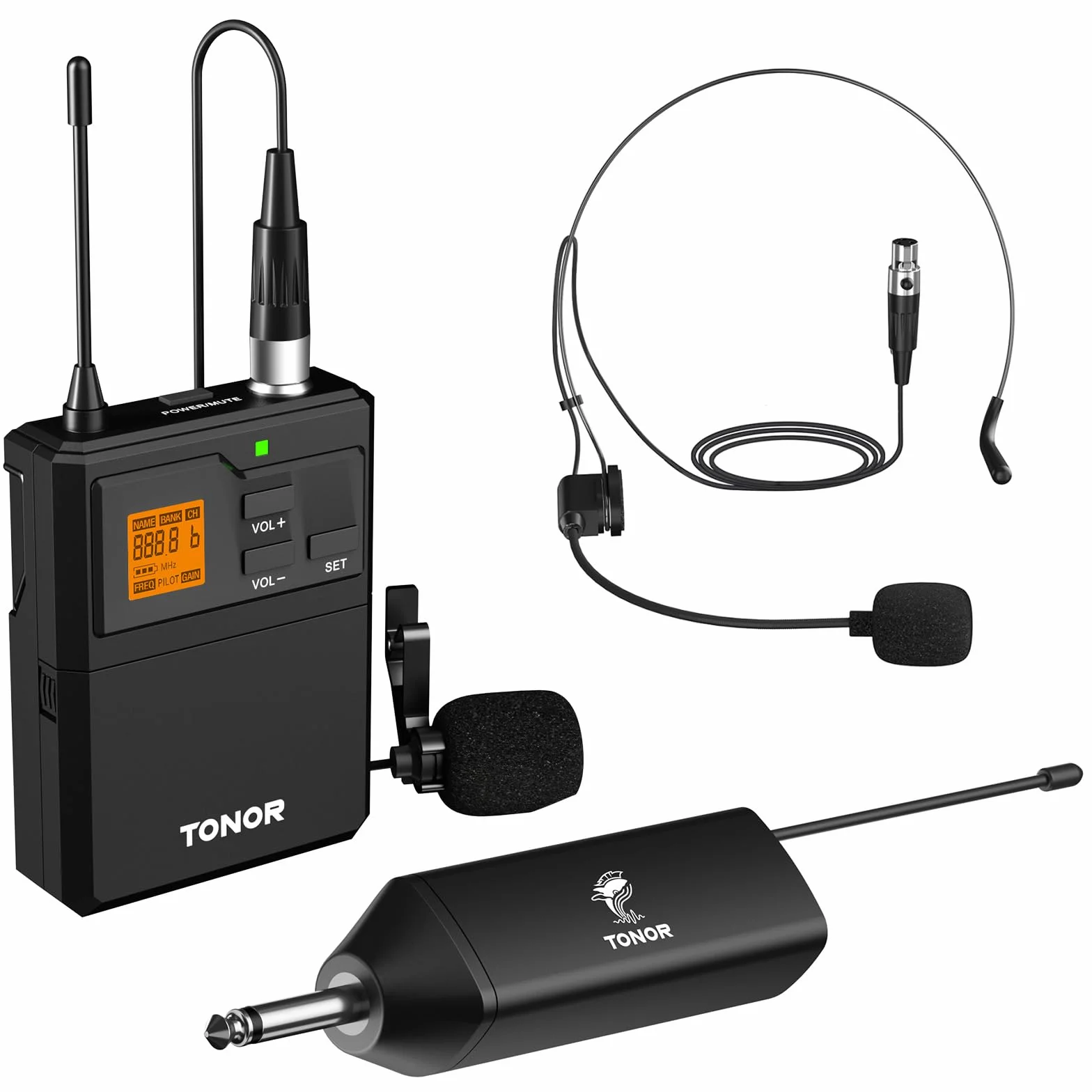 TONOR Micro sans Fil UHF avec Microphone Casque et Micro Cravate, Transmetteur Bodypack, Récepteur Rechargeable 60M