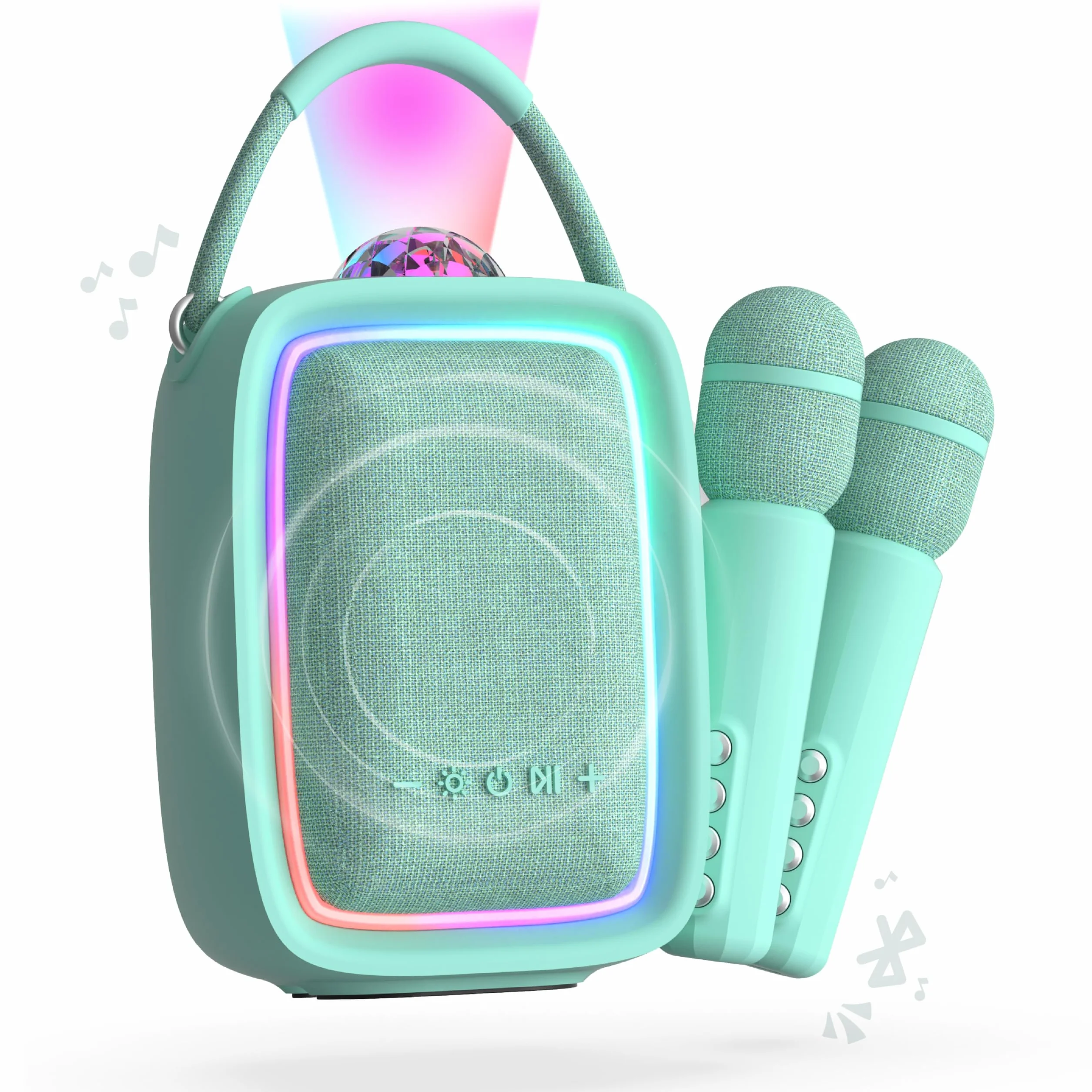 Enceinte Karaoké Portable pour Enfant et Adulte avec Projecteur Disco, 2 Micros sans Fil, Rechargeable USB-C, Carte SD - Menthe