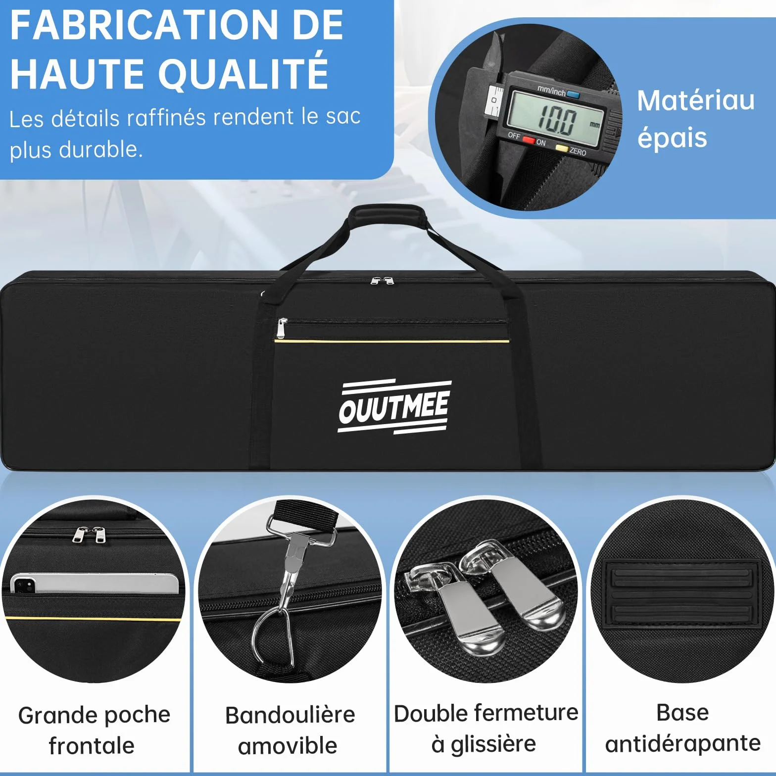 OUUTMEE Housse pour Clavier 88 Touches, Sac de Transport en Tissu Oxford 600D 10MM Rembourré Noir