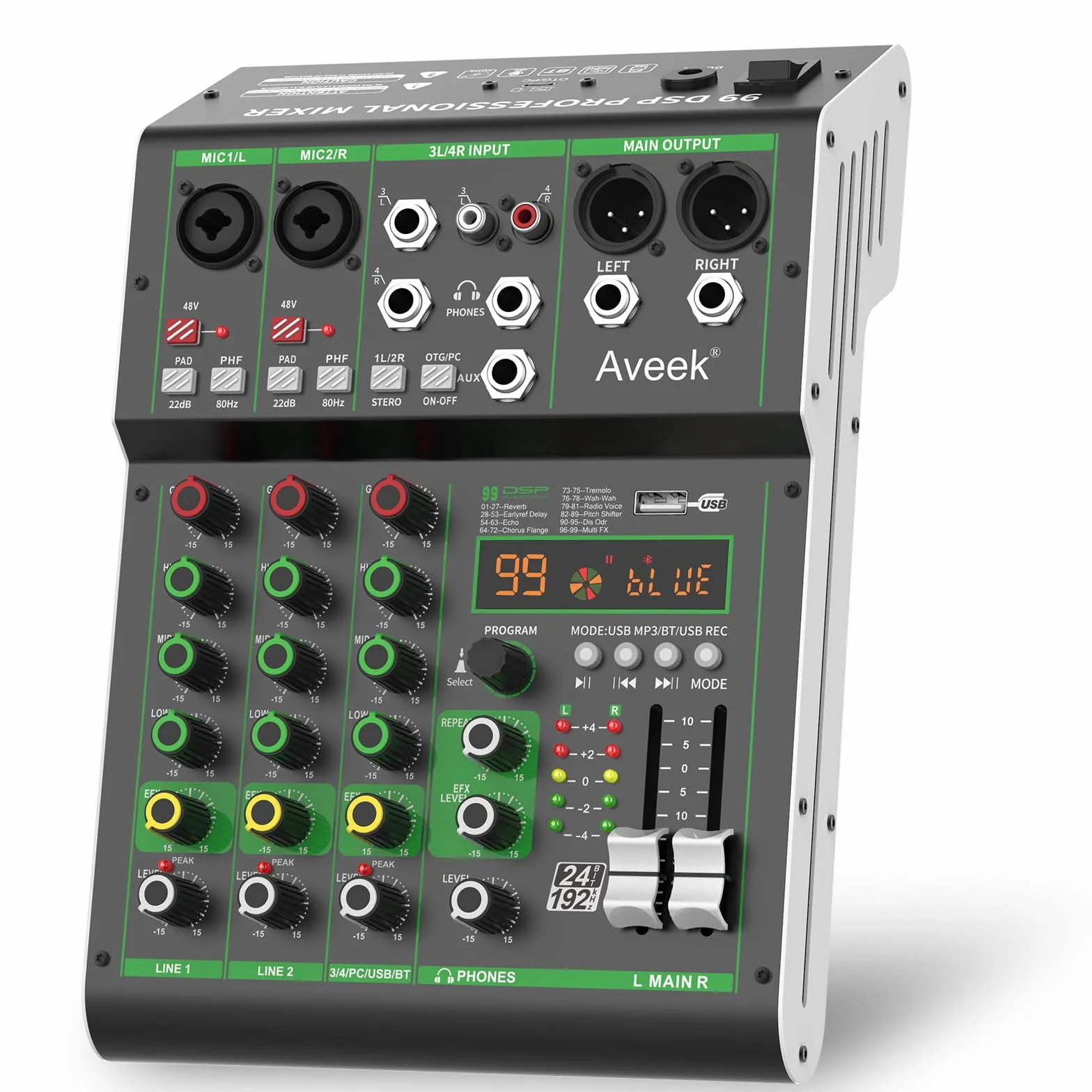 Aveek Table de Mixage Professionnelle 4 Canaux USB Bluetooth 48V Phantom Power 99 DSP Effect