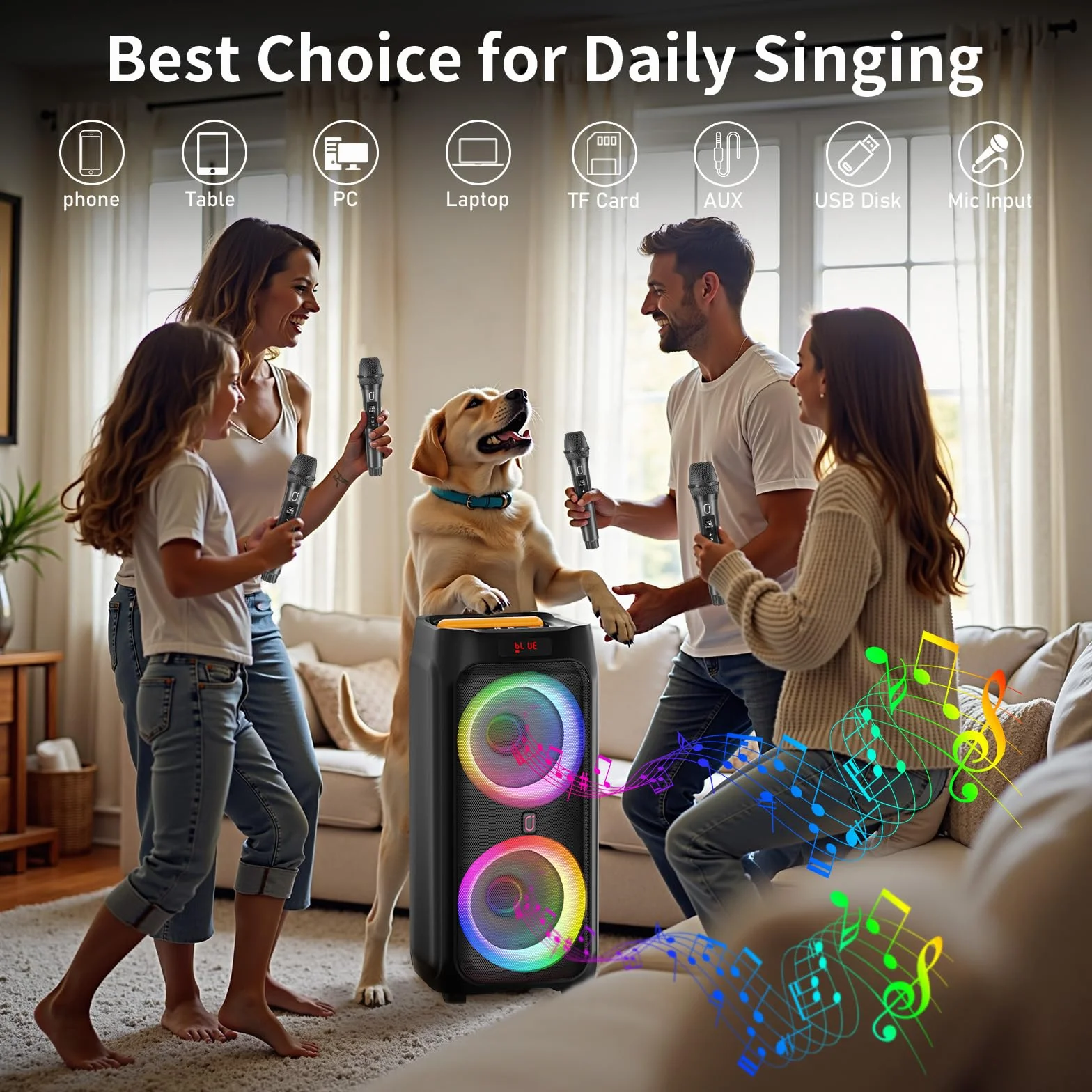 Enceinte Bluetooth 5.3 500W avec Subwoofer 8" et 2 Micros sans Fil, Système PA avec Lumières DJ pour Fêtes
