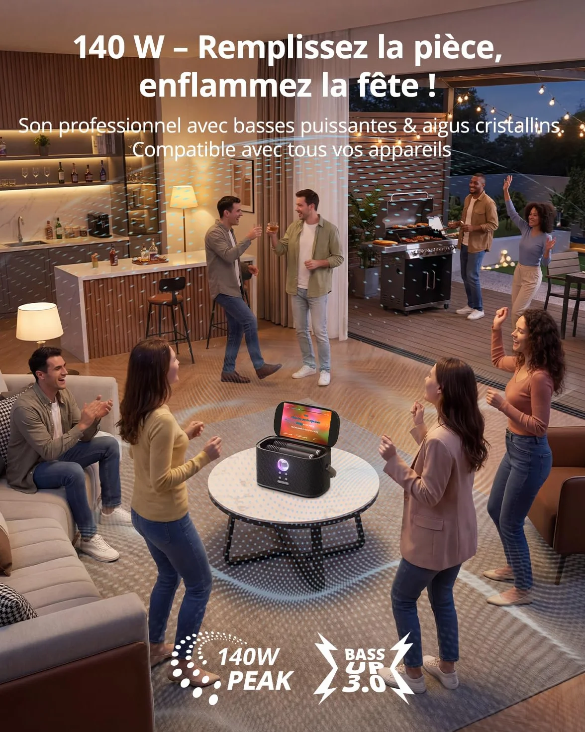 Ikarao Karaoké Adulte Enceinte Pro avec Écran 2 Micros sans Fil 140W Compatible Wi-Fi HDMI TV Abonnement Karafun Inclus Shell S2