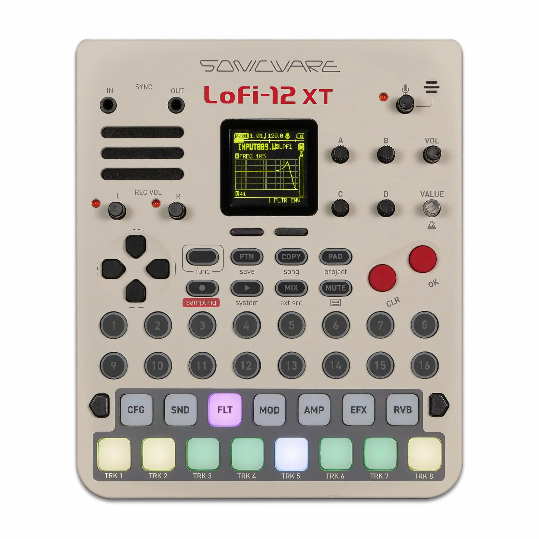Sonicware Lofi-12 XT Échantillonnage rétro 12bit séquenceur pas à pas 8 pistes 26 effets 15 pads vélocité LED RGB