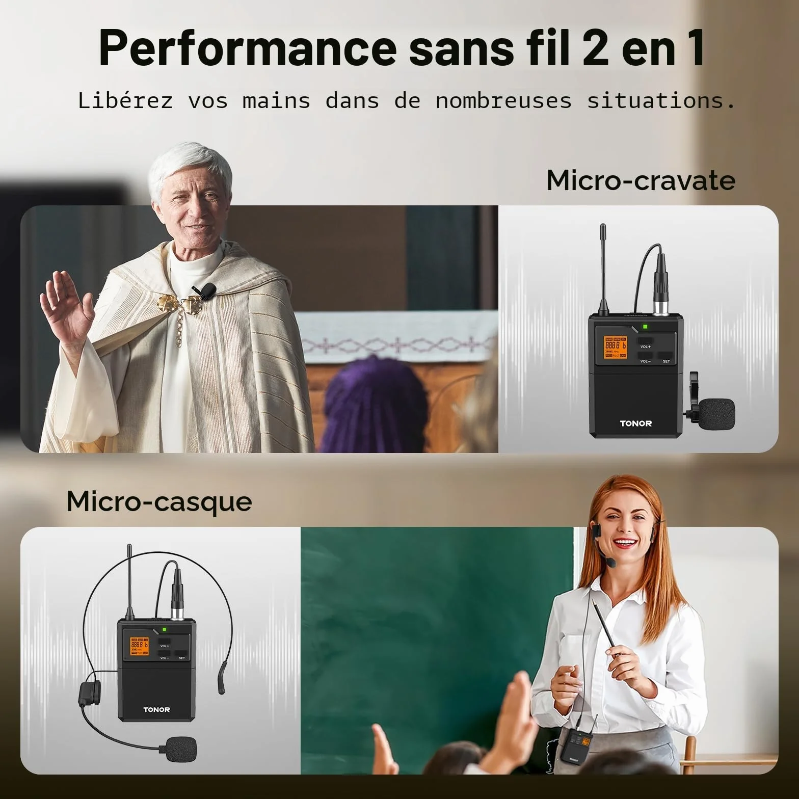 TONOR Micro sans Fil UHF avec Microphone Casque et Micro Cravate, Transmetteur Bodypack, Récepteur Rechargeable 60M