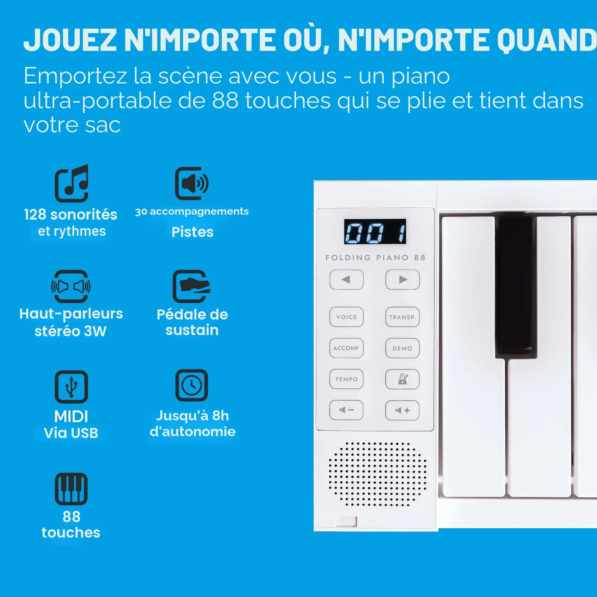 Blackstar Piano pliable portable 88 touches batterie rechargeable MIDI USB 128 sons 1,6 kg 33 cm