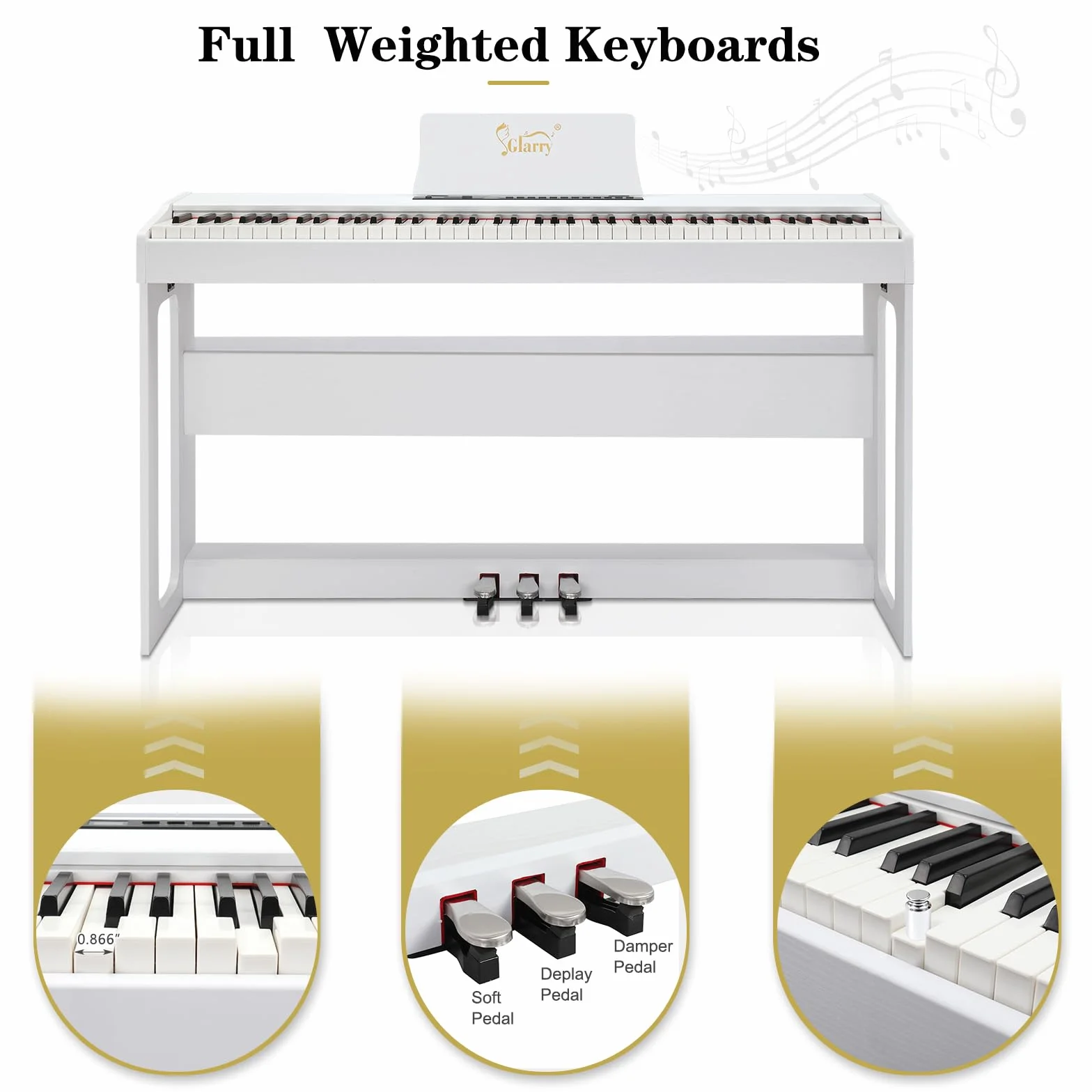 Piano Numérique 88 Touches Pondérées Glarry Domicile avec MIDI-USB, Bluetooth, Haut-Parleurs Stéréo, Action du Marteau, Clavier Fullsize Blanc