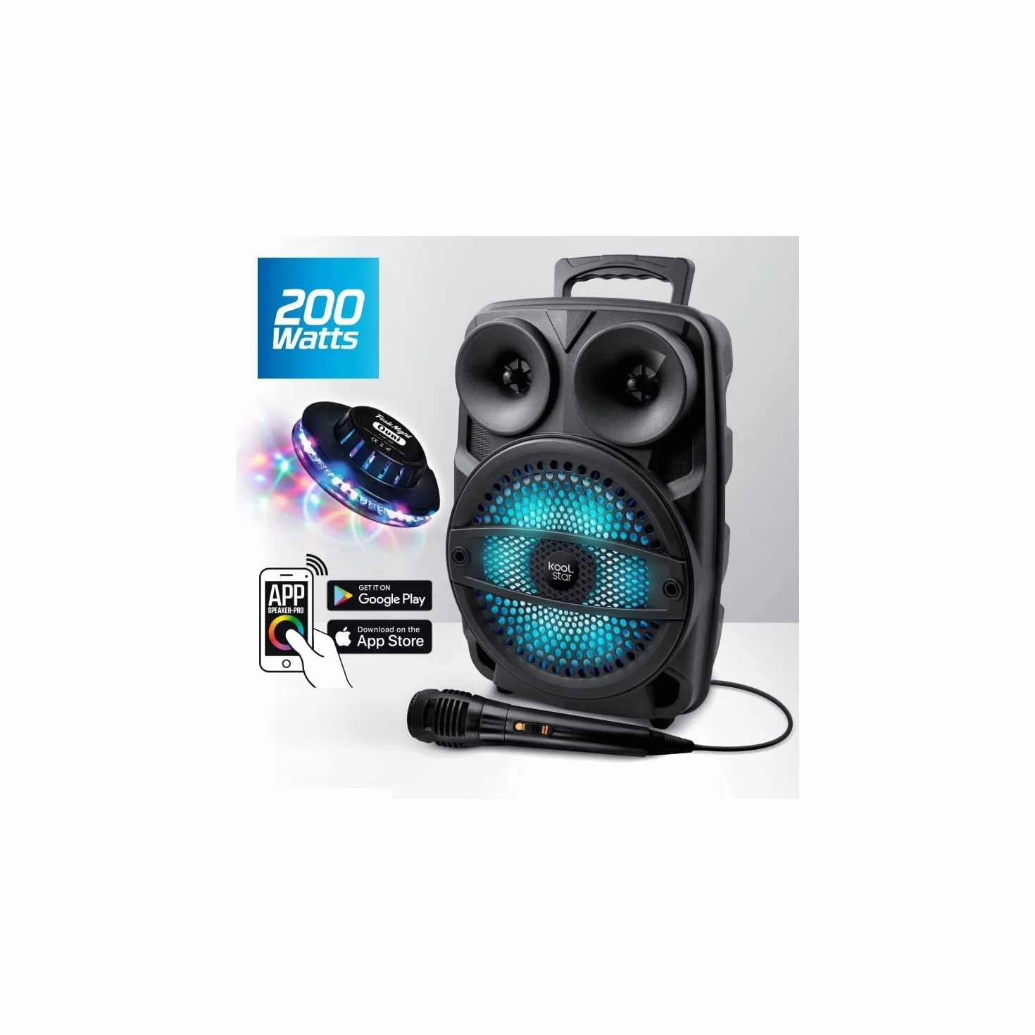 Enceinte Mobile 200W SONO DJ Autonome sur Batterie LED RVB USB/SD/Bluetooth + Micro