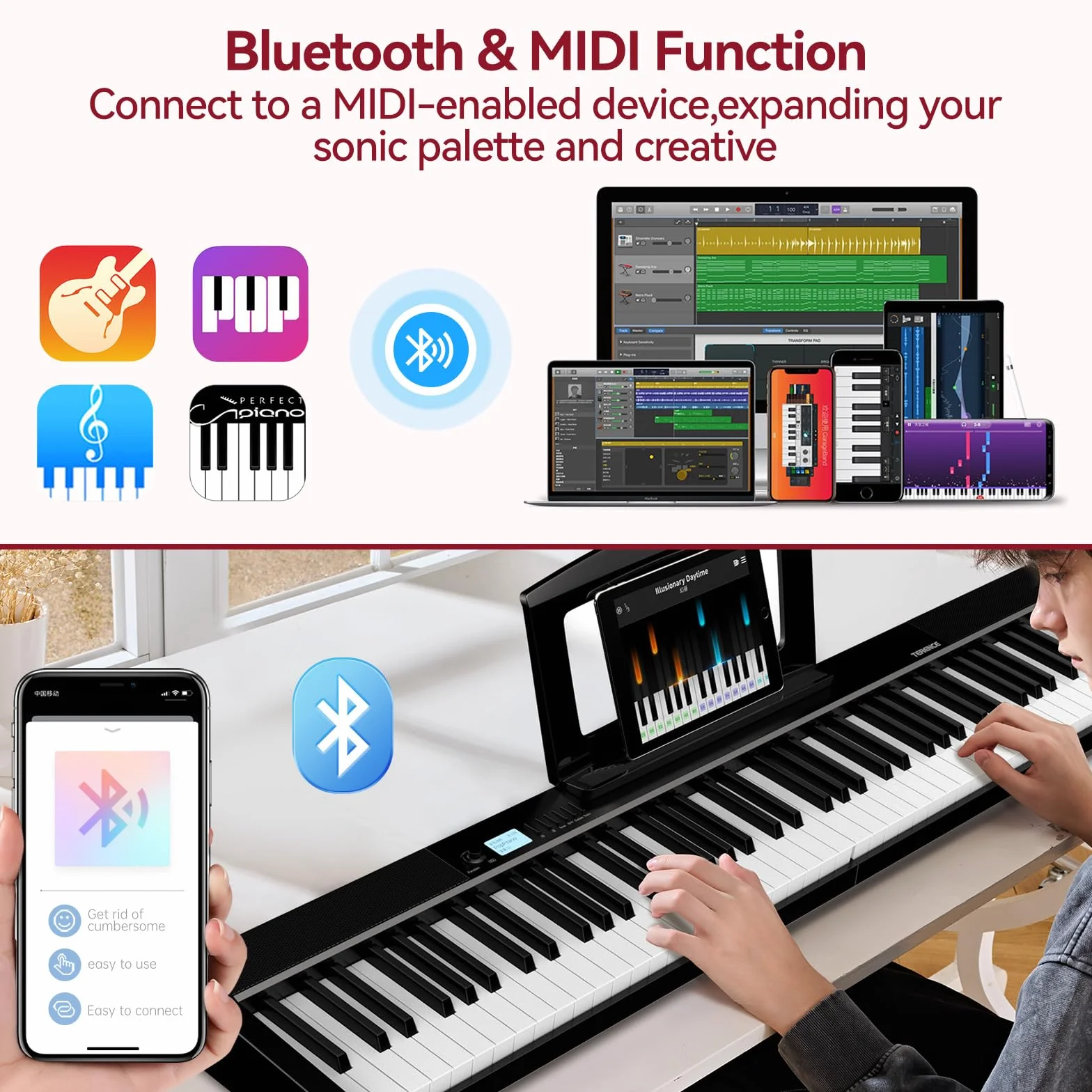 Piano numérique 88 touches lestées 1800 mAh Bluetooth MIDI Noir