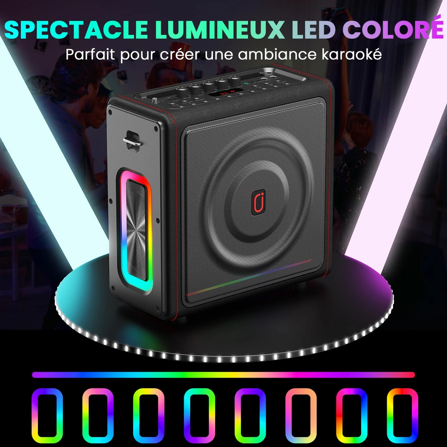 Machine Karaoke sans Fil 300W avec 2 Micros, LED, Autonomie 36h, Système PA TF/USB FM