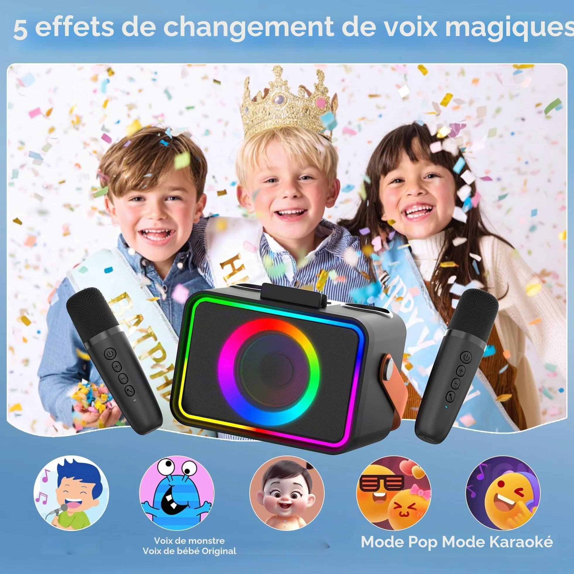 Machine de karaoké Bluetooth portable avec 2 microphones et lumières Disco