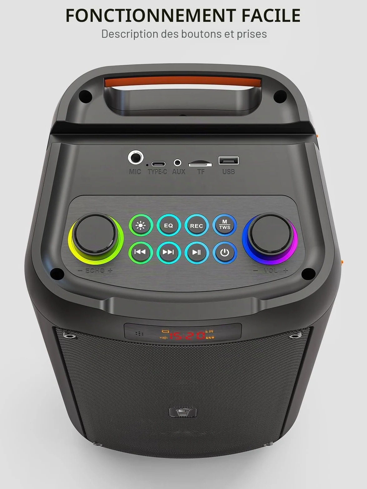 Machine de karaoké portable extérieur avec 2 microphones sans fil, système PA lumières LED, batterie 6000 mAh