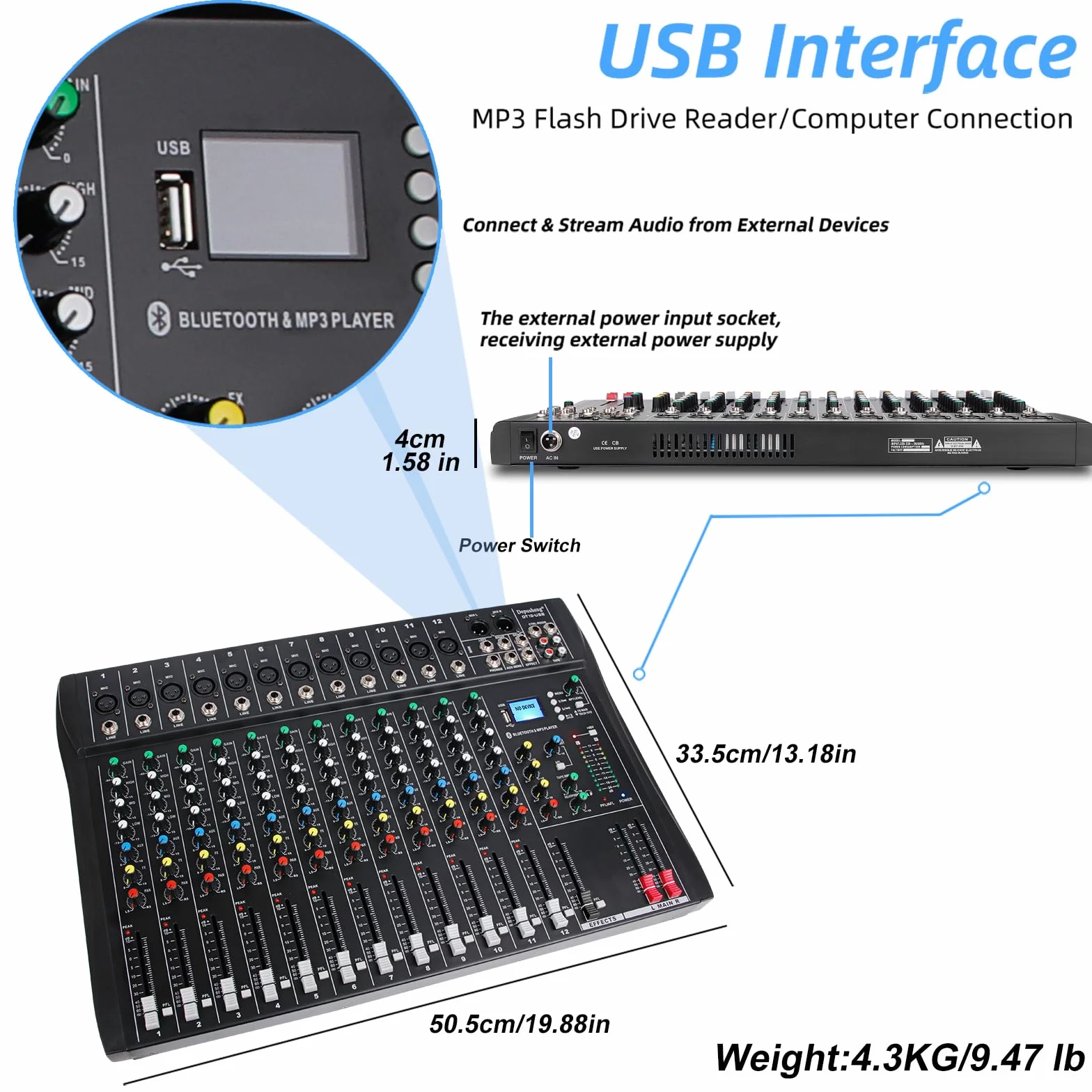 Depusheng DT12 Console de mixage audio studio 12 canaux avec interface contrôleur DJ USB alimentation 48V