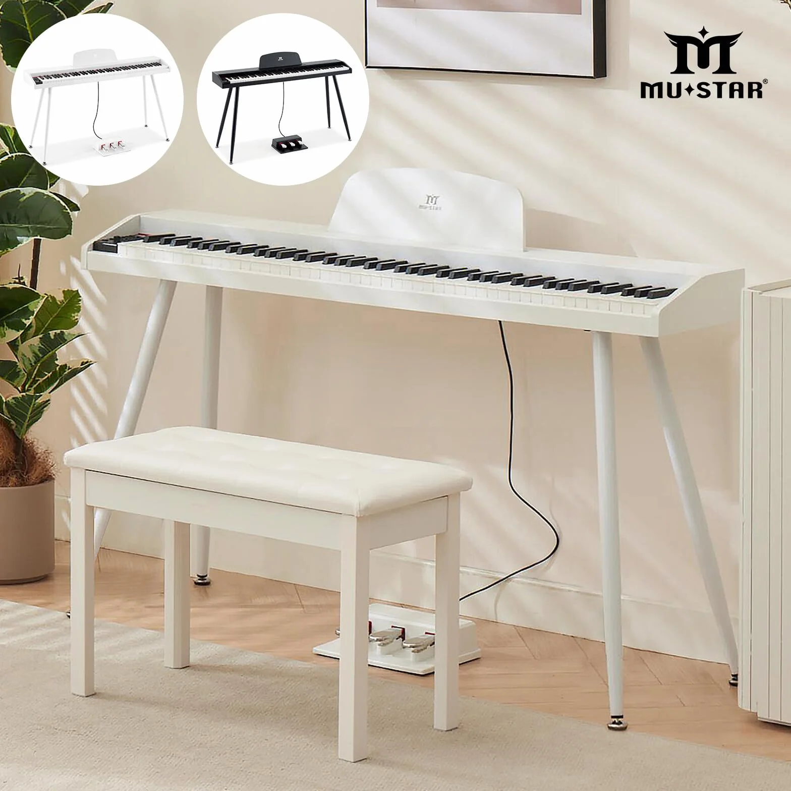 MUSTAR Piano numérique 88 touches taille complète avec 3 pédales, portable, MIDI-USB, support, blanc