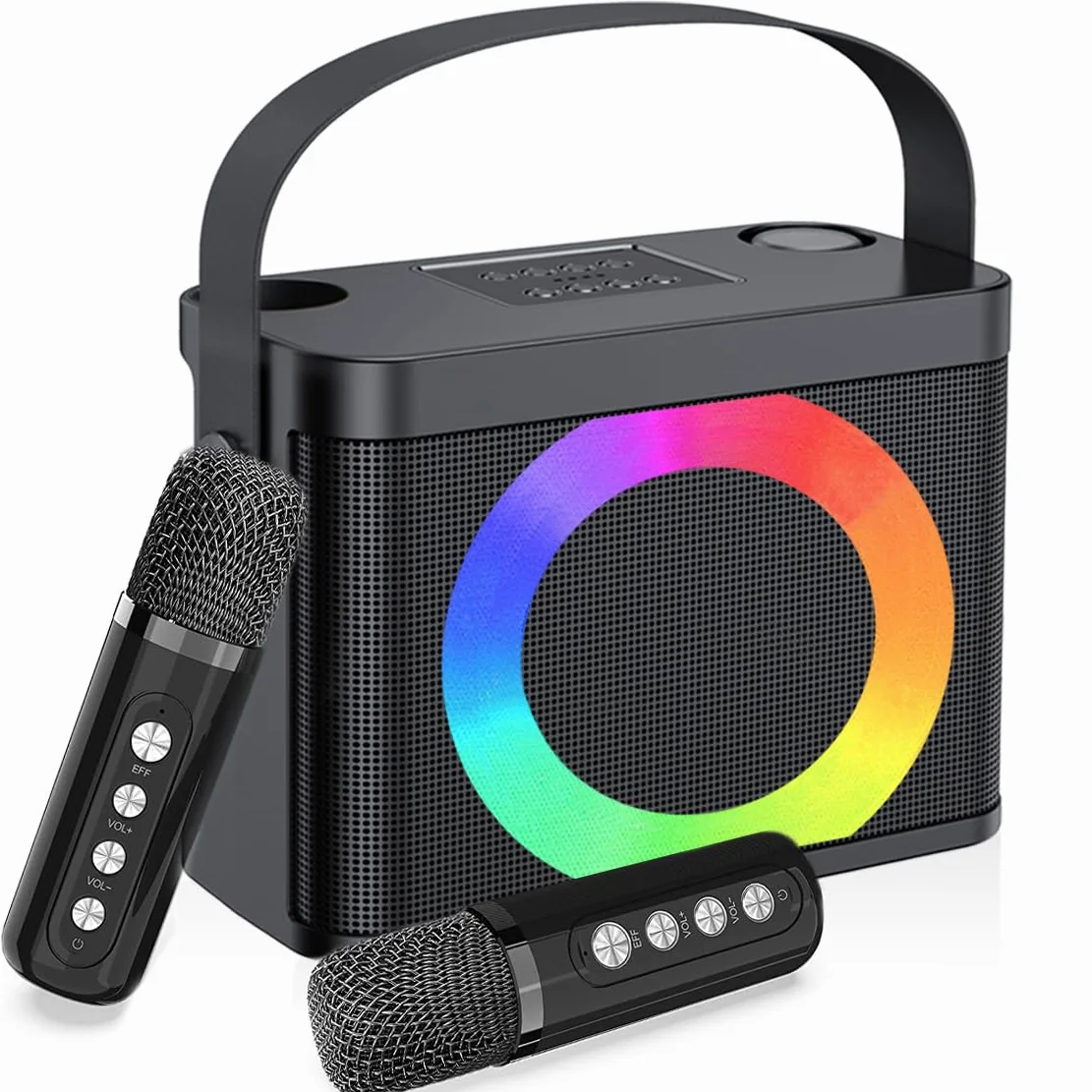 Enceinte Karaoké Professionnelle Adulte 2 Micros sans Fil Portable avec Lumières BT/AUX/USB/TF