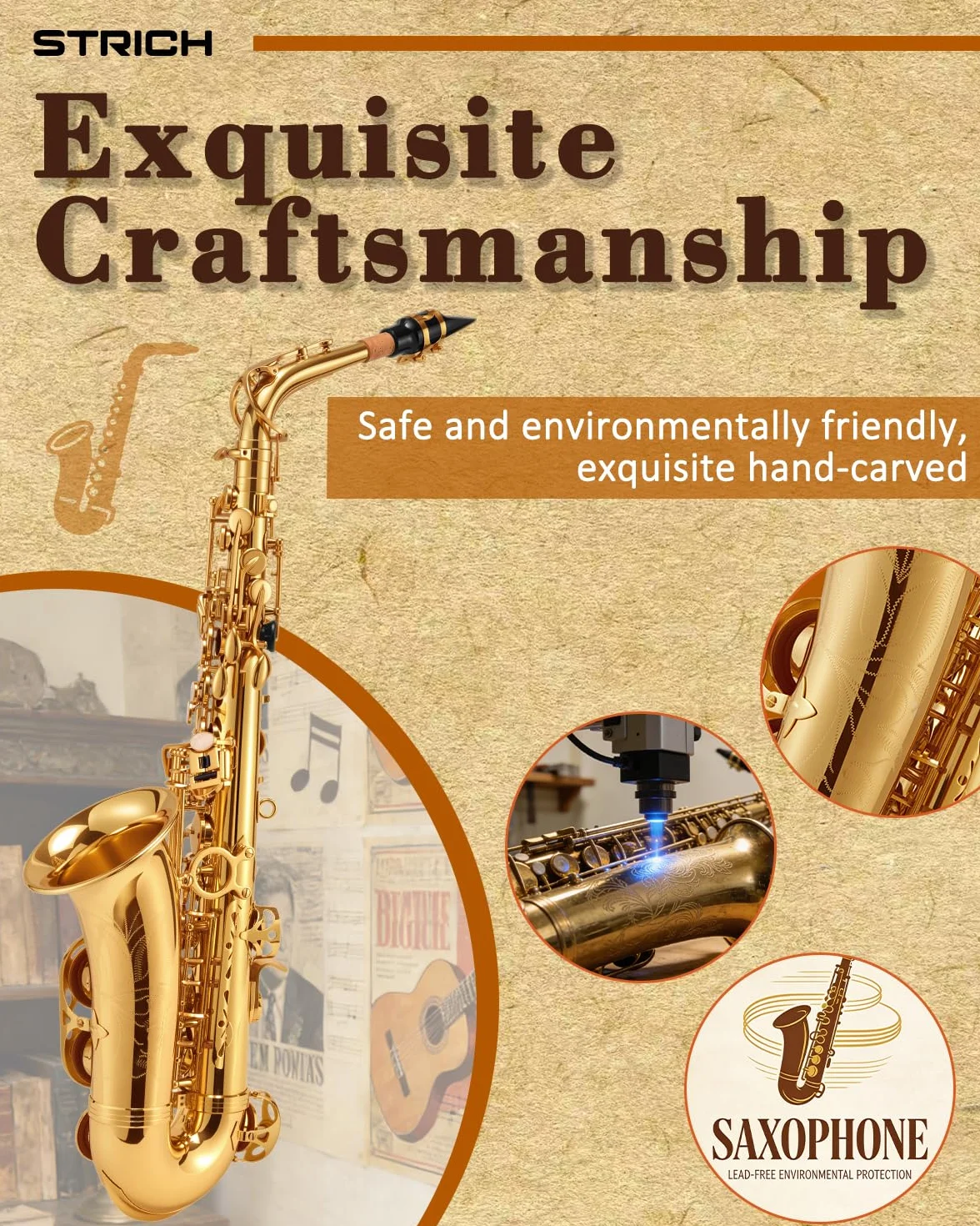 STRICH SSA-31 Kit de saxophone alto en cuivre pour débutants avec sangle, bec et anches