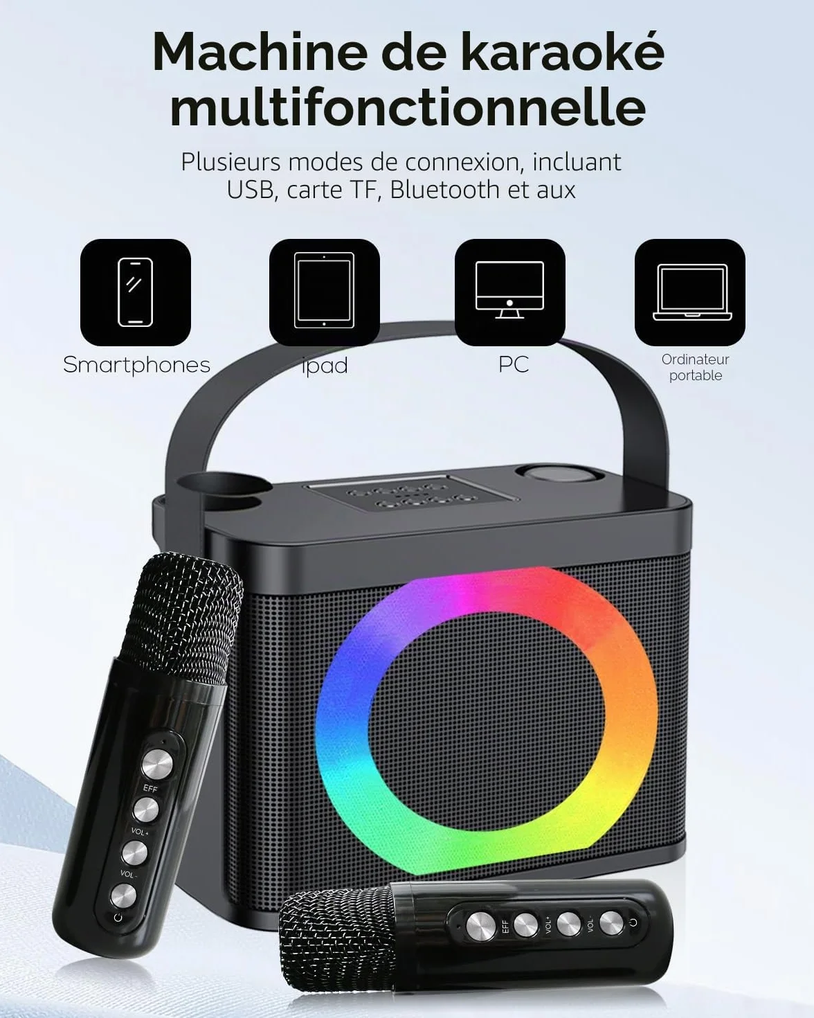 Enceinte Karaoké Professionnelle Adulte 2 Micros sans Fil Portable avec Lumières BT/AUX/USB/TF