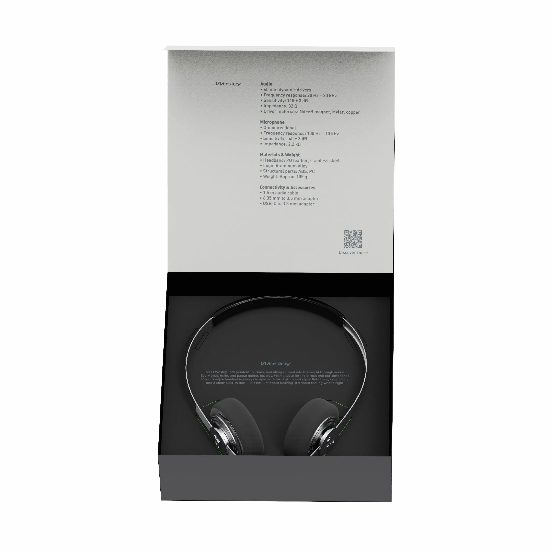 Gadhouse Wesley Casque rétro Filaire USB-C 3,5 mm Pilotes 40 mm Micro intégré Léger 105 g