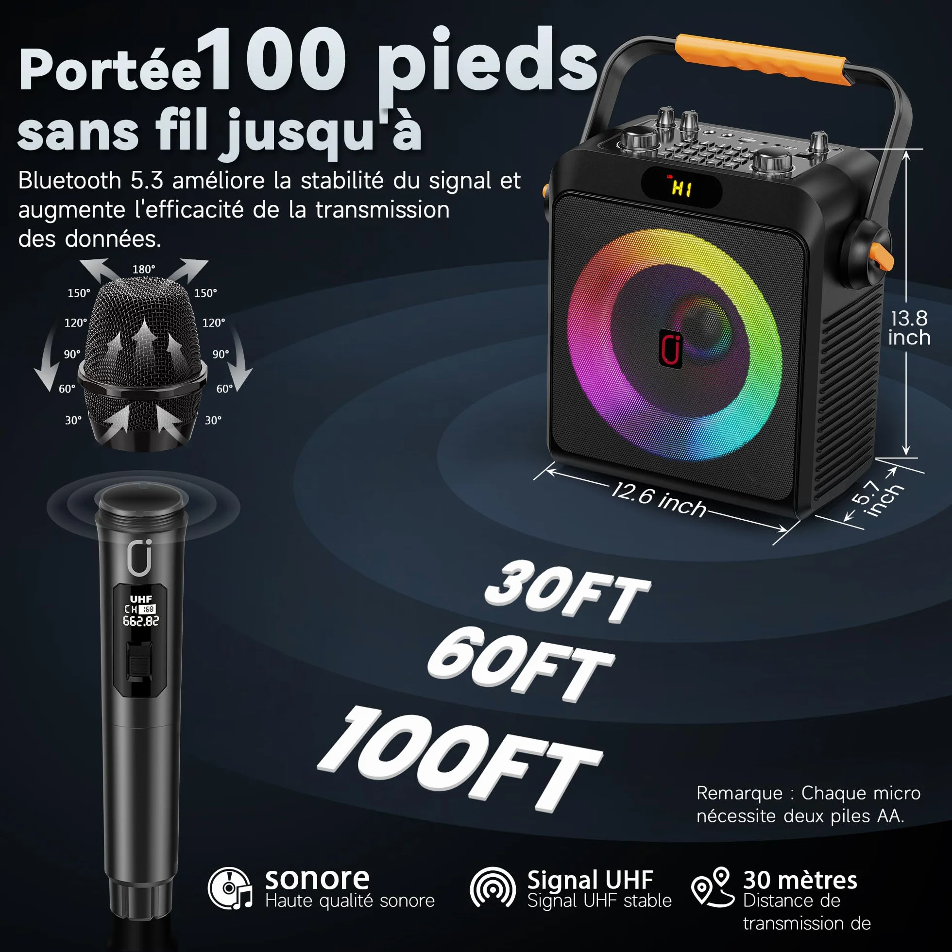 Machine de Karaoké Professionnel 80W avec 2 Microphones sans Fil, TWS Stéréo, 4 Mode Égaliseur Intégré, Support REC/AUX/USB/TF