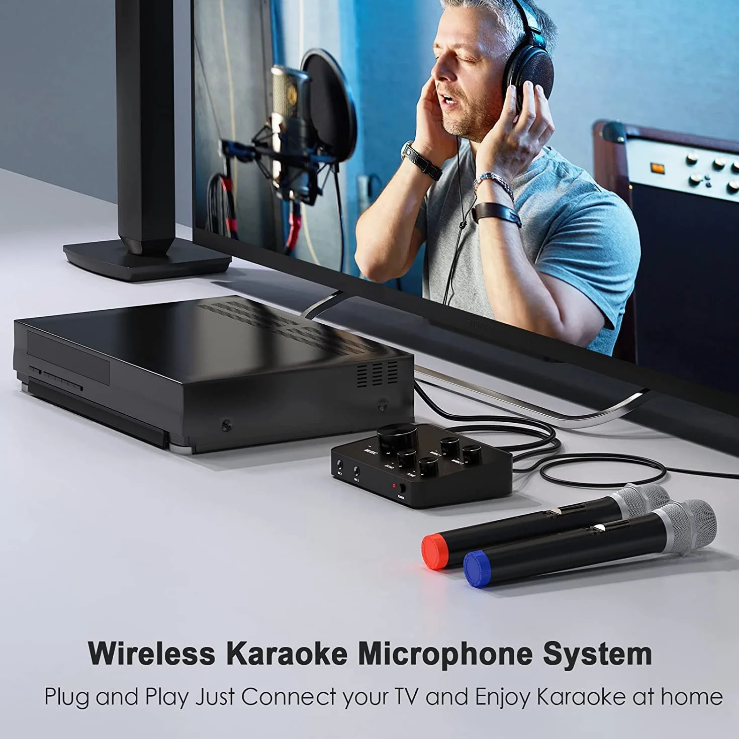Karaoke Micro sans Fil UHF Double Portable Bluetooth pour TV PC Fête DJ Haut-Parleur 100FT