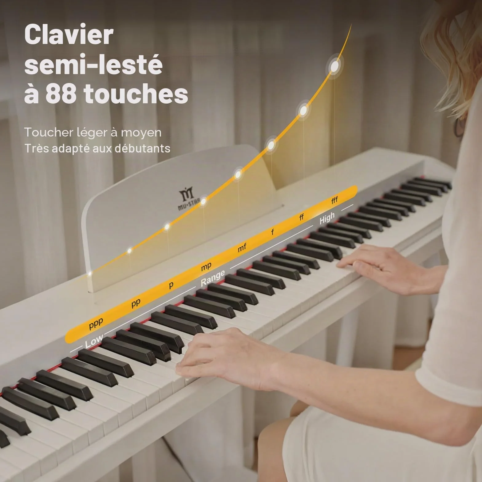 MUSTAR Piano numérique 88 touches taille complète avec 3 pédales, portable, MIDI-USB, support, blanc