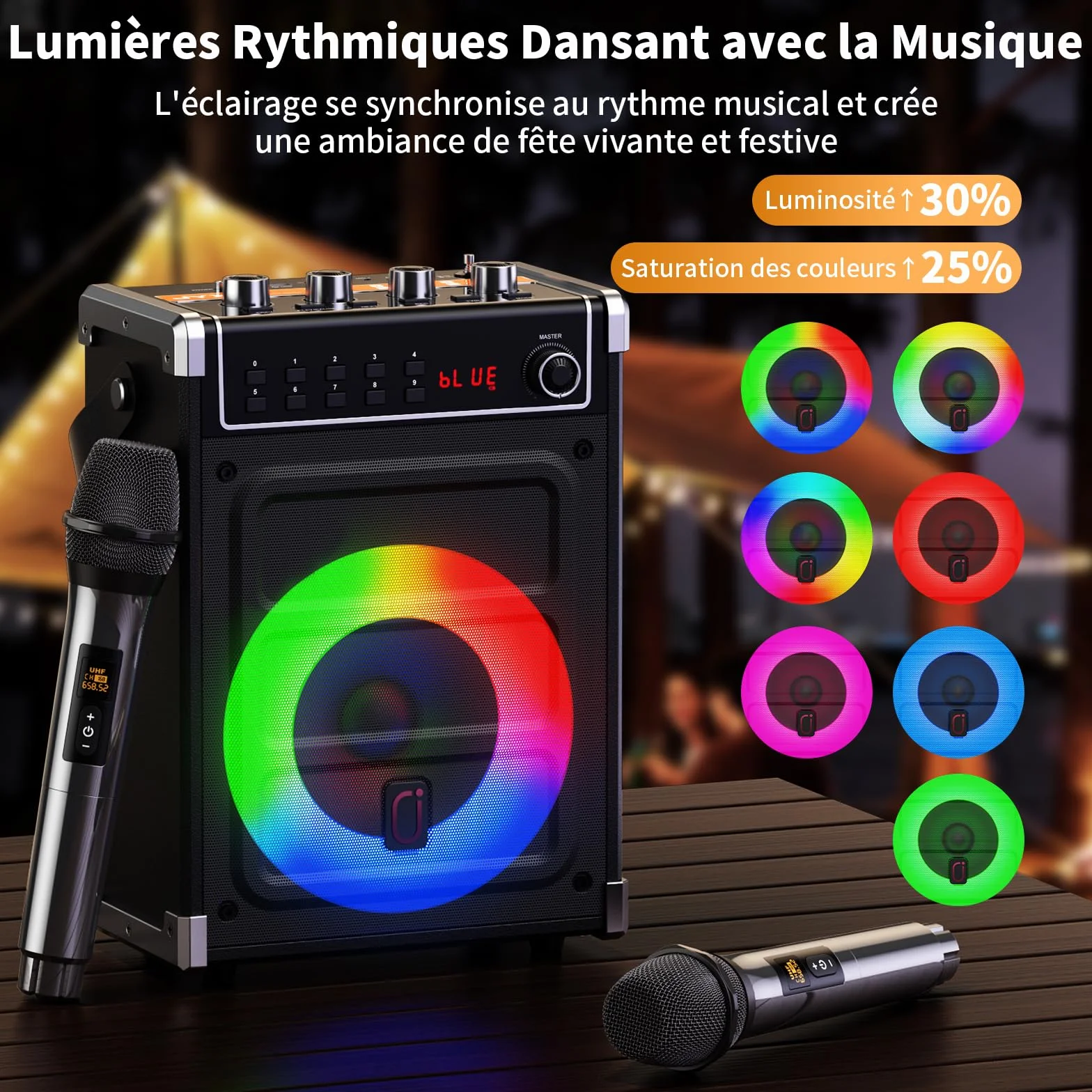 JYX Machine Karaoke Adulte 380W Enceintes Professionnelles avec 2 Micro sans Fil et Lumières Fête DJ Système Portable Noir