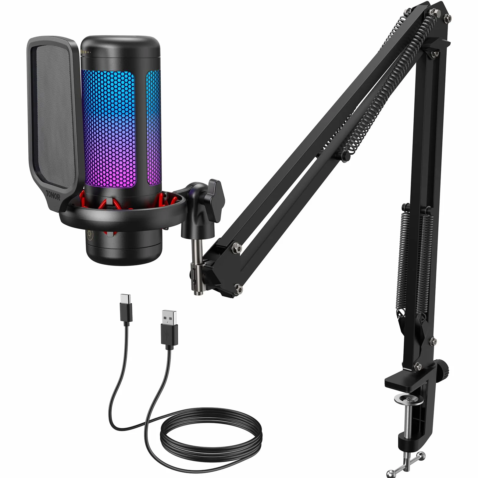 TONOR TC310+ Microphone USB RGB Condensateur Professionnel avec Support de Bras pour Streaming Enregistrement Jeux