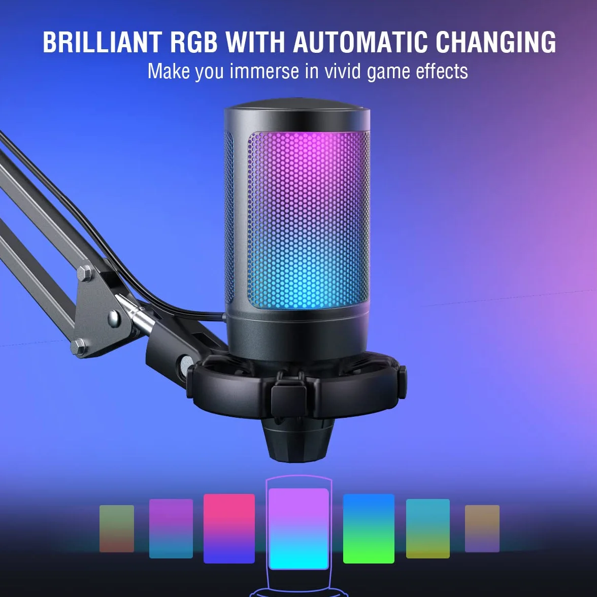 FIFINE USB Micro Gaming avec Bras pour PC PS4 PS5, Condensateur Microphone Streaming Podcast Studio, Bouton Silence, Fixation Antichoc, Support Micro, Filtre Anti-Pop, RGB
