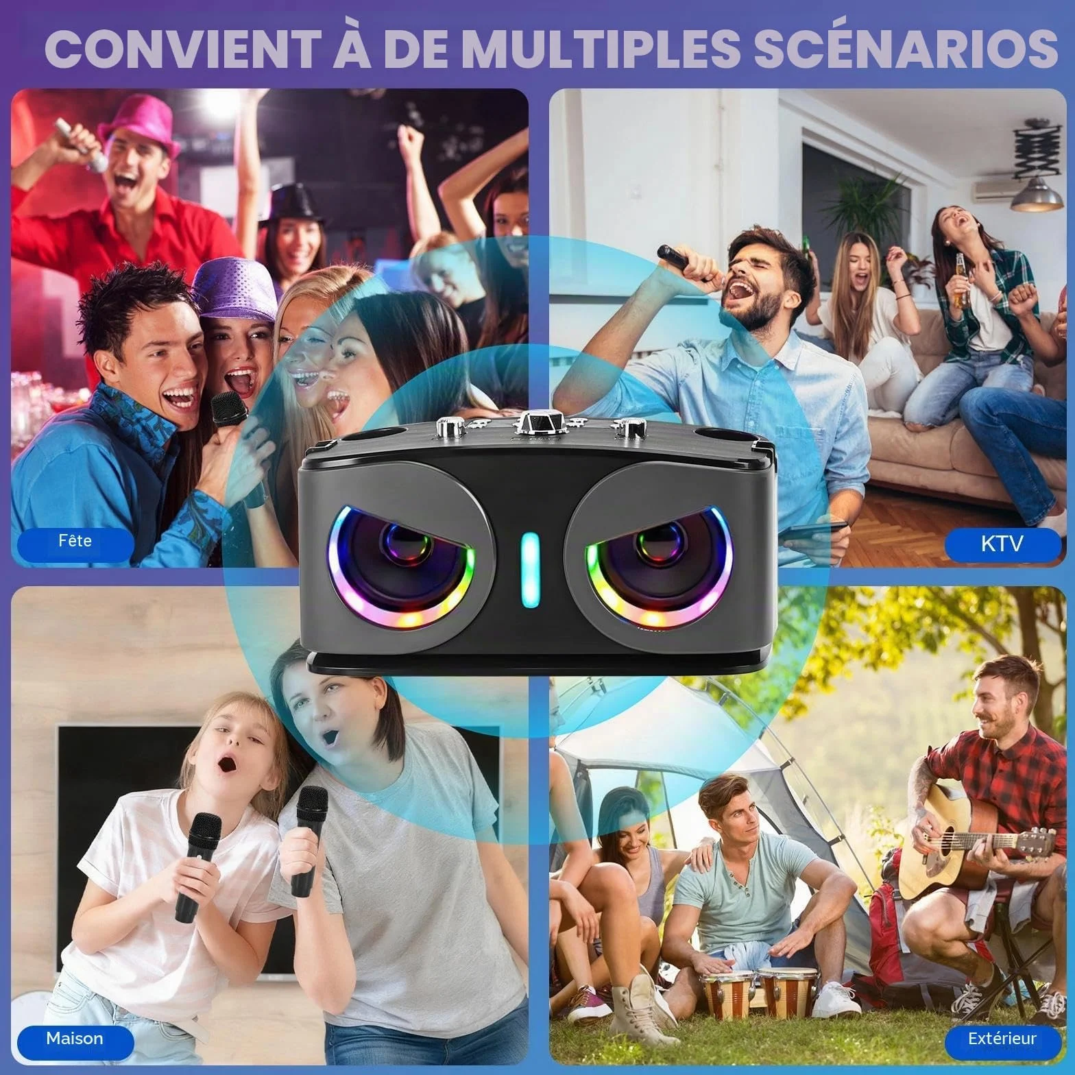 Machine de Karaoké Bluetooth Portable avec 2 Microphones sans Fil, Lumières Disco, Supporte TV/USB/AUX/TF/FM