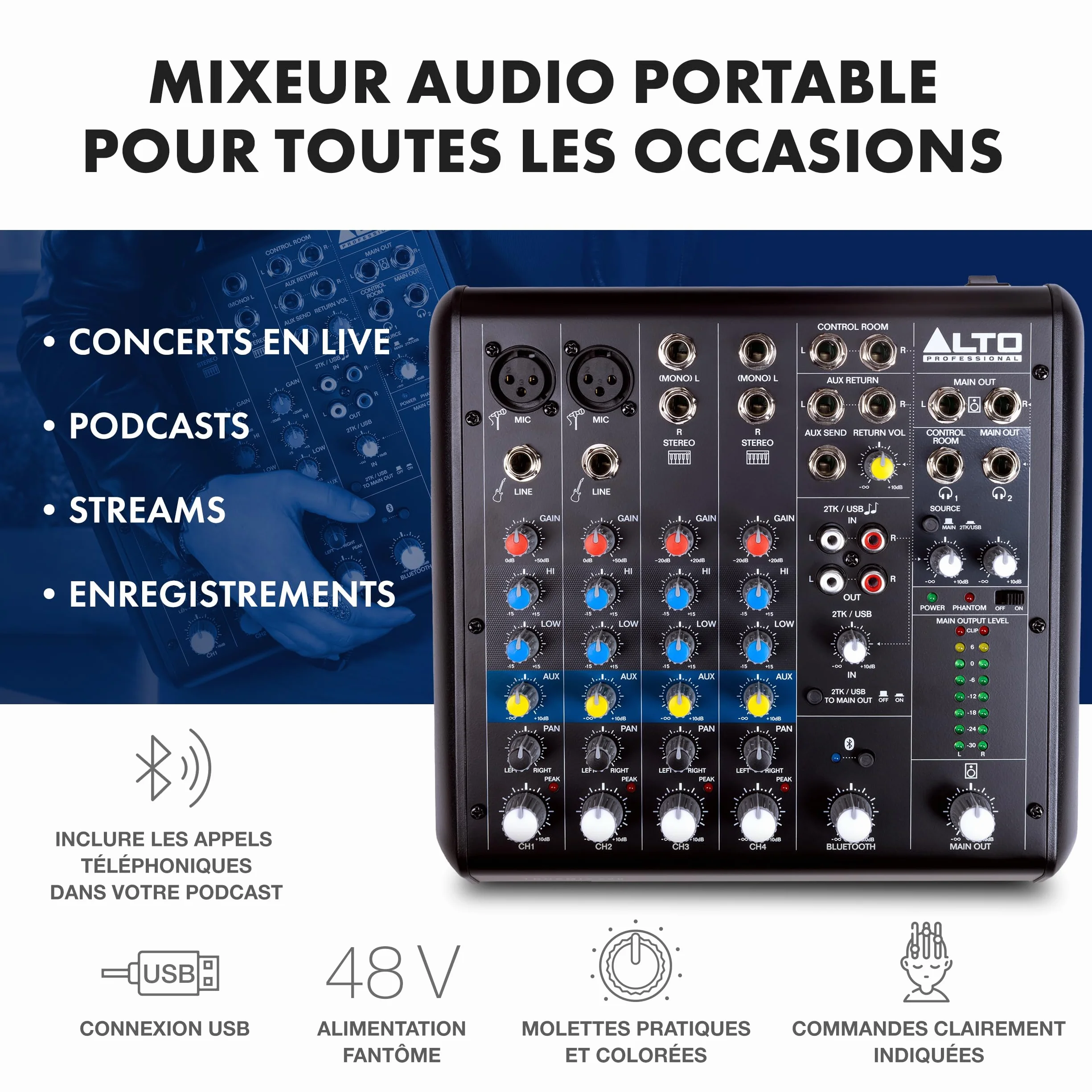 ALTO TrueMix 600 Mixeur Audio 2 Entrées Micro XLR Interface Audio USB Bluetooth Podcasts Concerts Enregistrements DJ