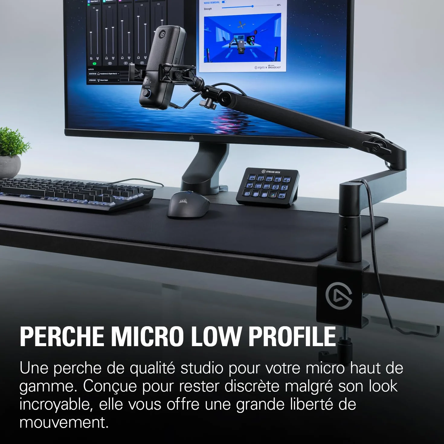 Elgato Wave Mic Arm LP - Perche micro compacte avec passe-câbles, pince bureau, réglable pour podcast streaming jeu