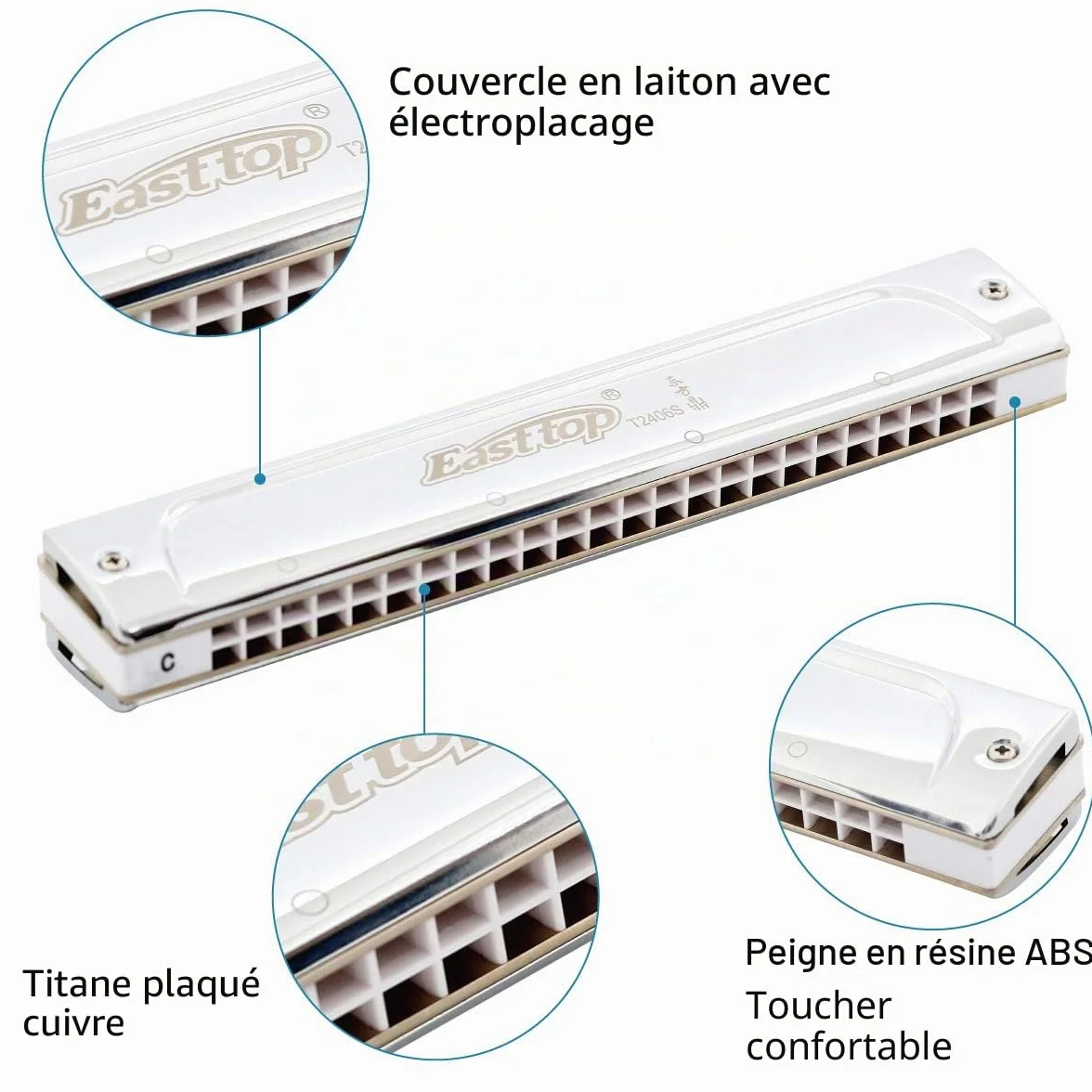 East top Harmonica trémolo professionnel 24 trous T2406S Instrument Orgue à bouche