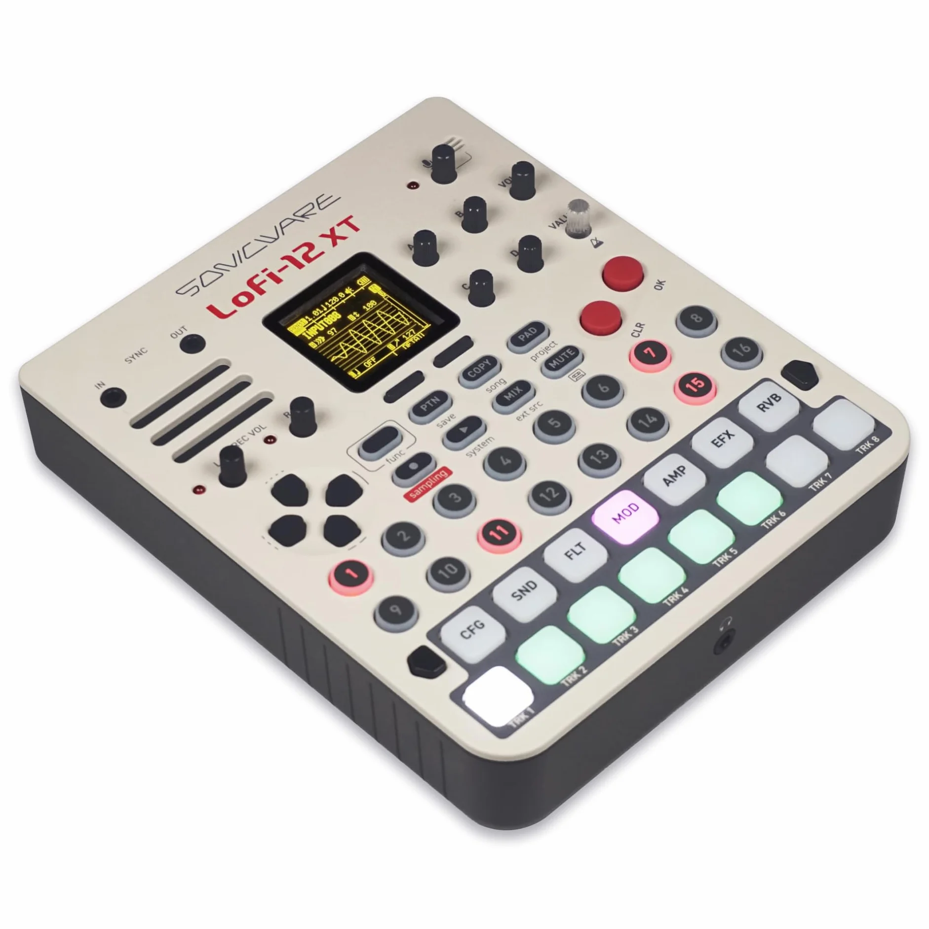 Sonicware Lofi-12 XT Échantillonnage rétro 12bit séquenceur pas à pas 8 pistes 26 effets 15 pads vélocité LED RGB