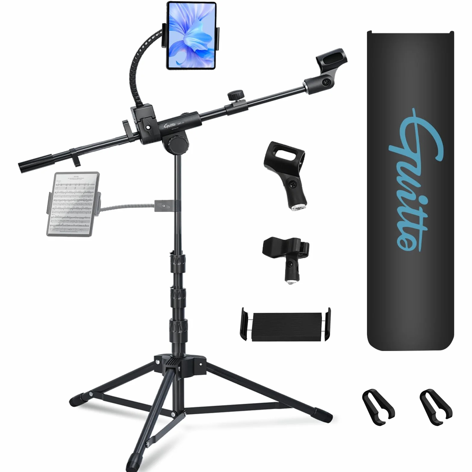 GUITTO Support de micro sur pied avec bras réglable, base robuste, double montage pour streaming, podcast, enregistrement (GMS-04)