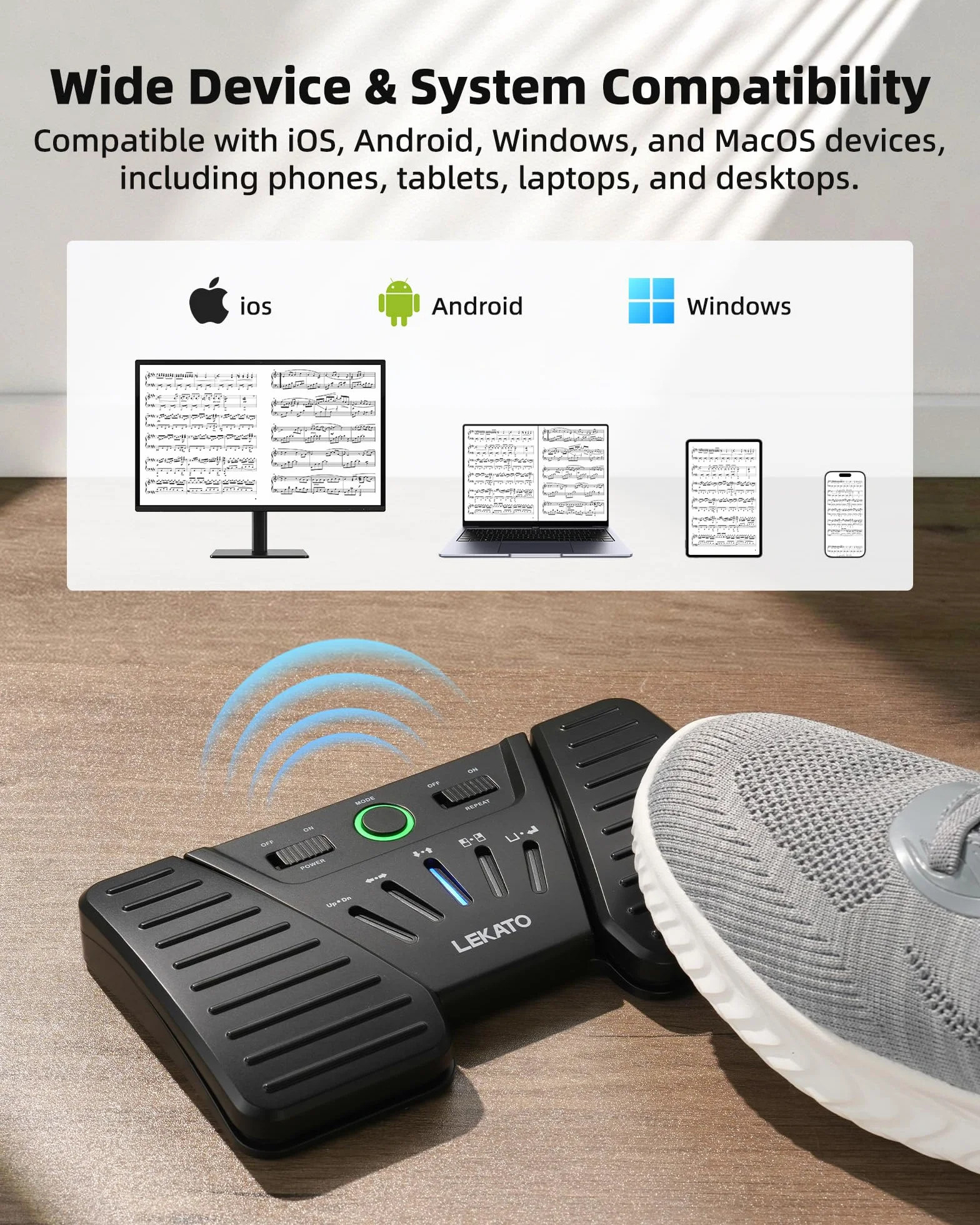 LEKATO Bluetooth Page Turning Pédale sans fil, tourne-page Bluetooth, contrôleur rechargeable pour téléphone, tablettes, 5 modes