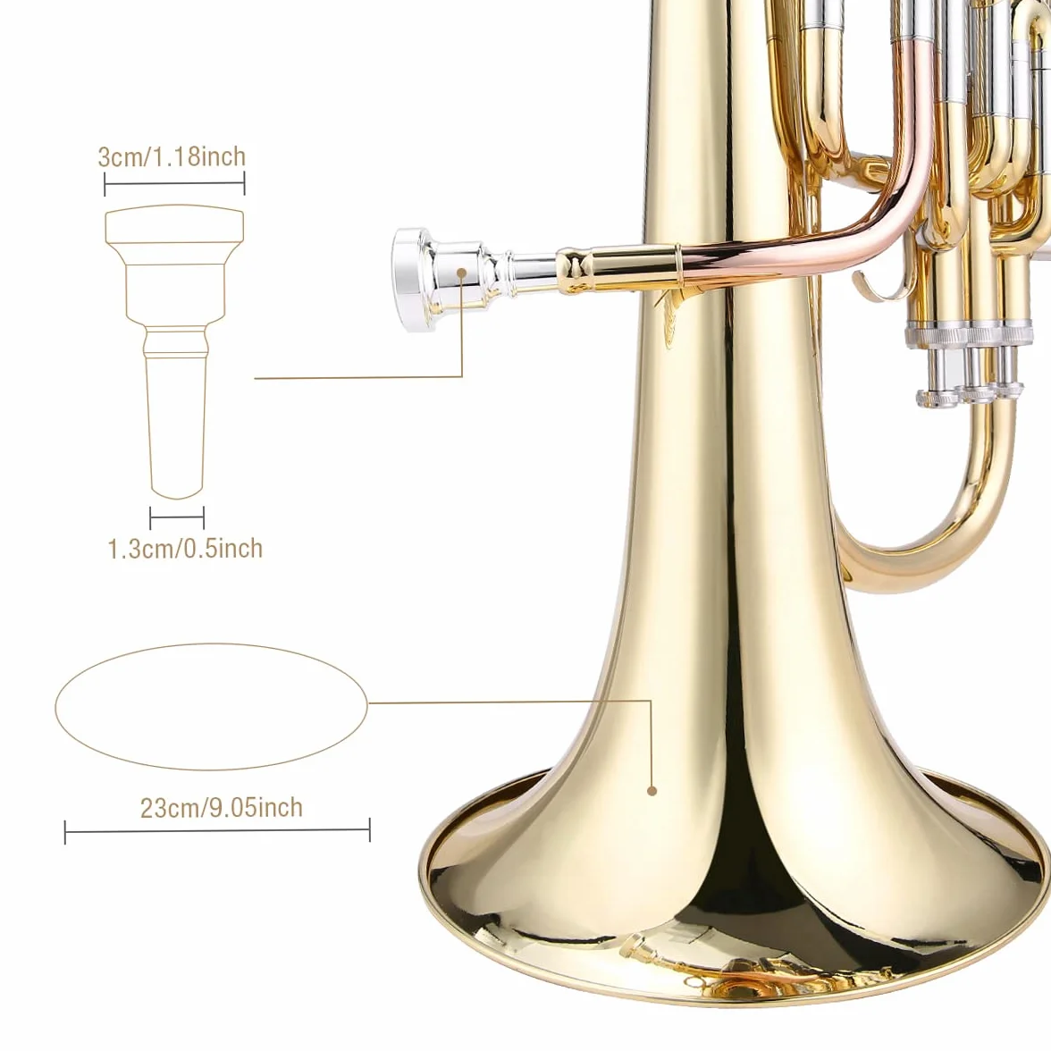 Barytonhorn Bb Brass Style Piston Goldlac-k Surface Instrument à vent avec gants, chiffon de nettoyage
