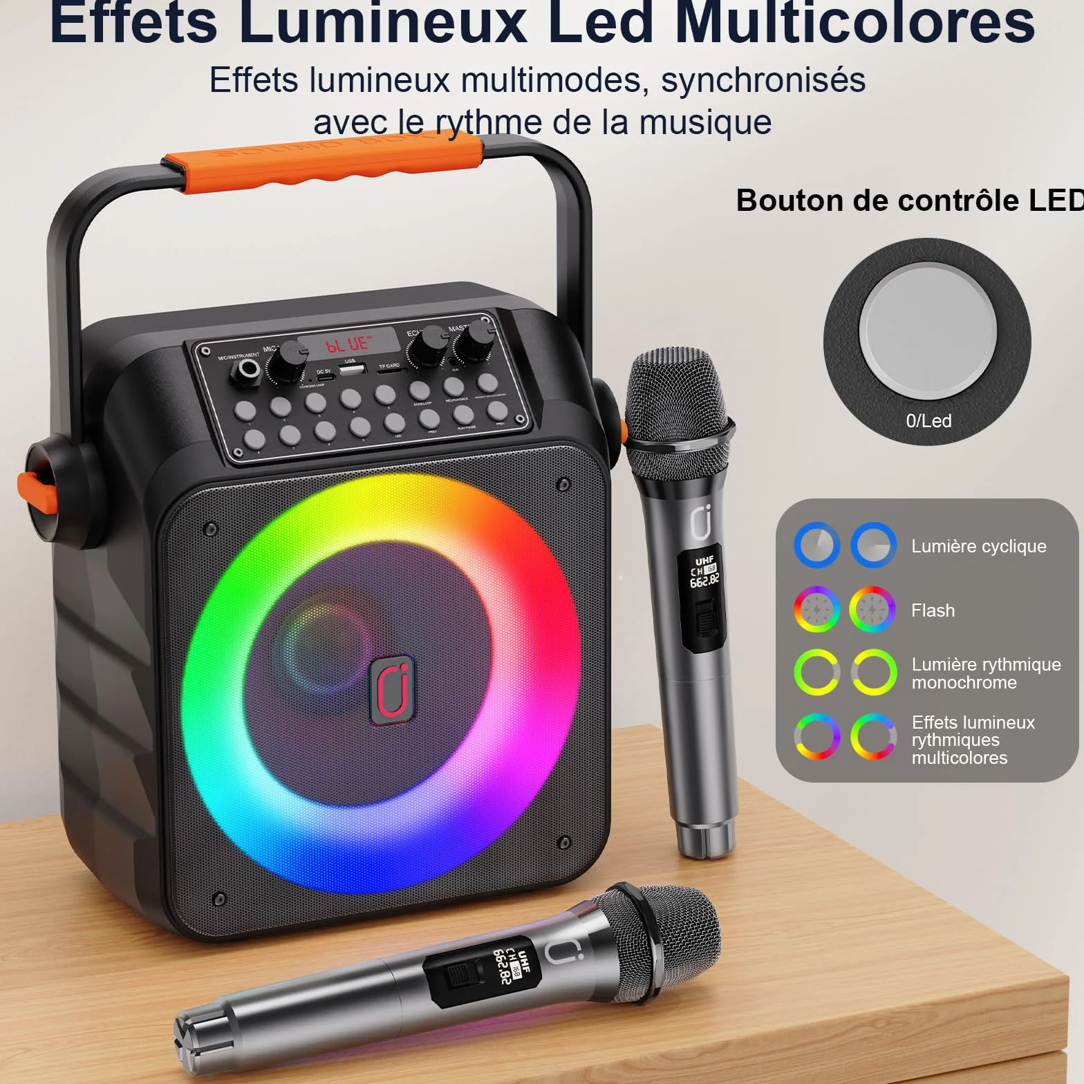Karaoke Adulte Bluetooth 5.3 avec 2 Microphones, 80W Enceinte Portable LED