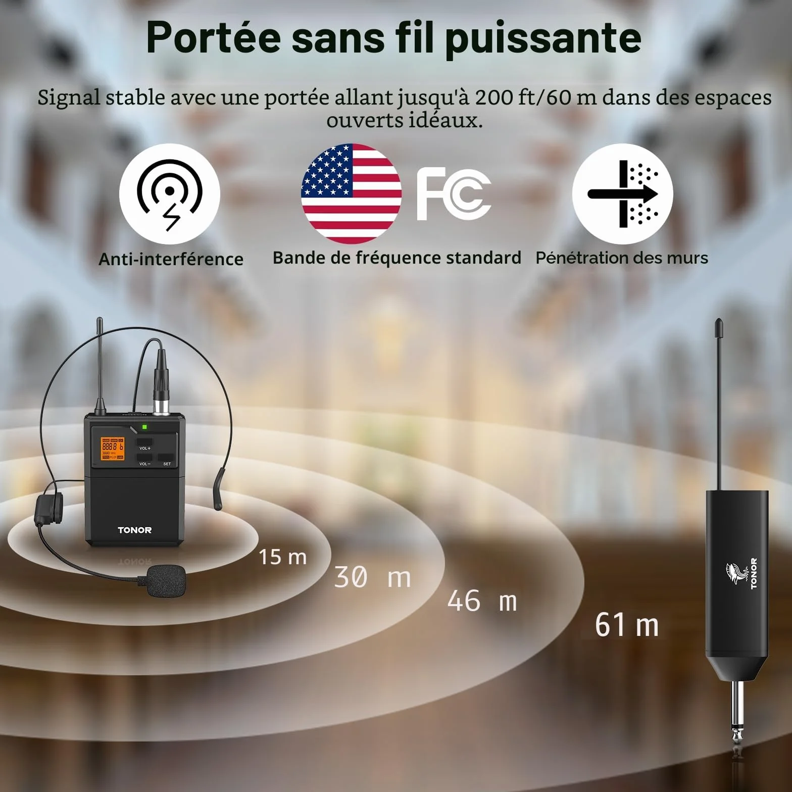 TONOR Micro sans Fil UHF avec Microphone Casque et Micro Cravate, Transmetteur Bodypack, Récepteur Rechargeable 60M