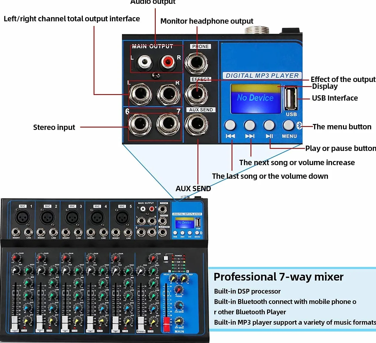 Depusheng HT7 Table de mixage audio Bluetooth portable 7 canaux USB MP3 48V
