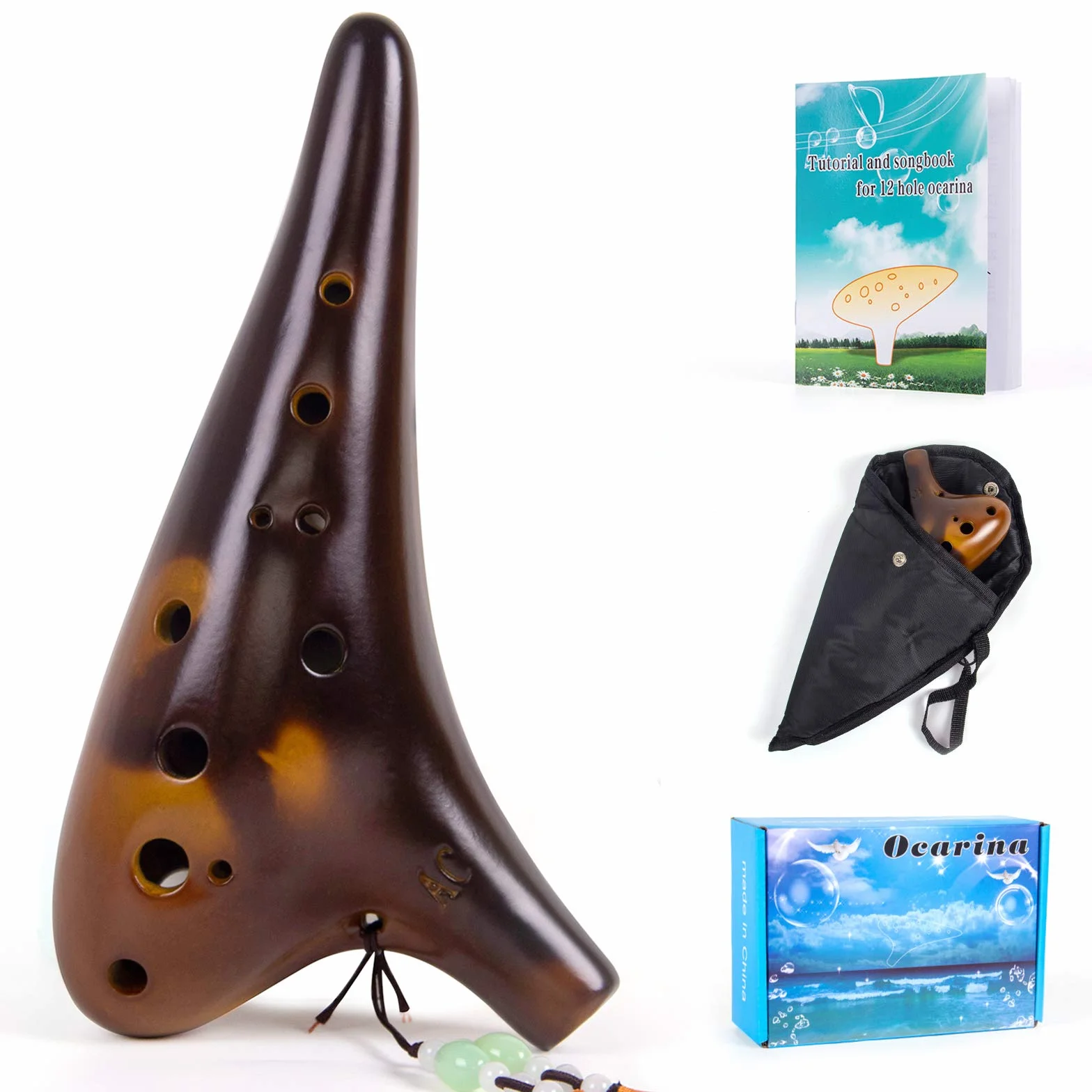 Ocarina 12 trous Alto C Céramique avec sac de transport et livre de musique (Marron)