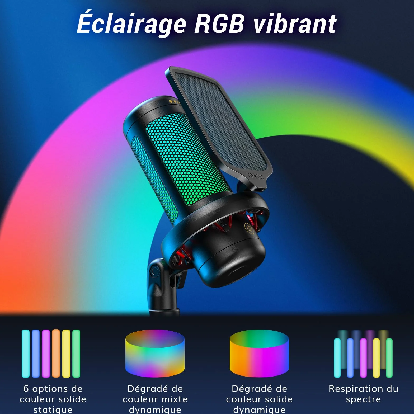 TONOR TC310+ Microphone USB RGB Condensateur Professionnel avec Support de Bras pour Streaming Enregistrement Jeux