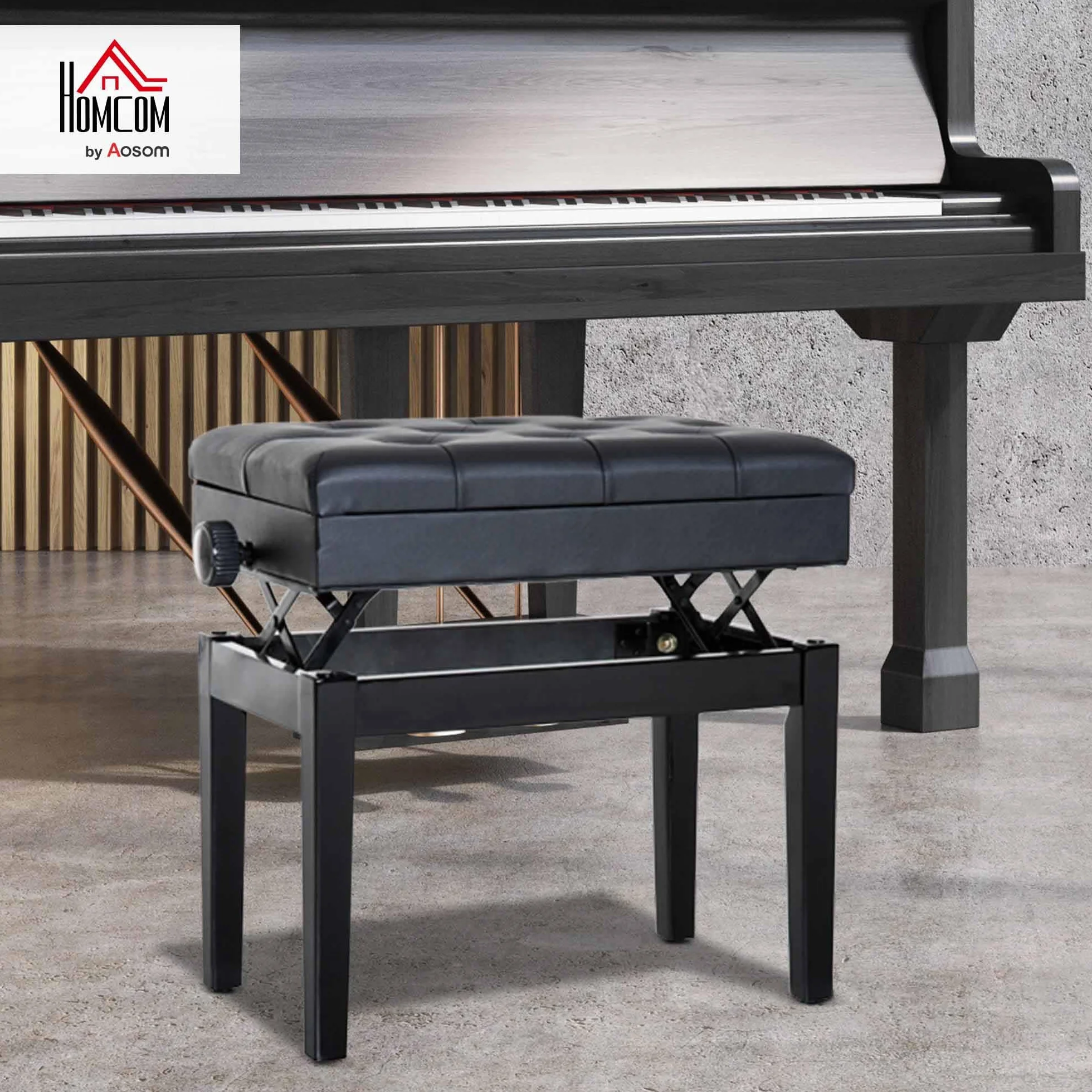 HOMCOM Banc de Piano réglable en Hauteur Bois Massif Tabouret avec Compartiment caché Noir