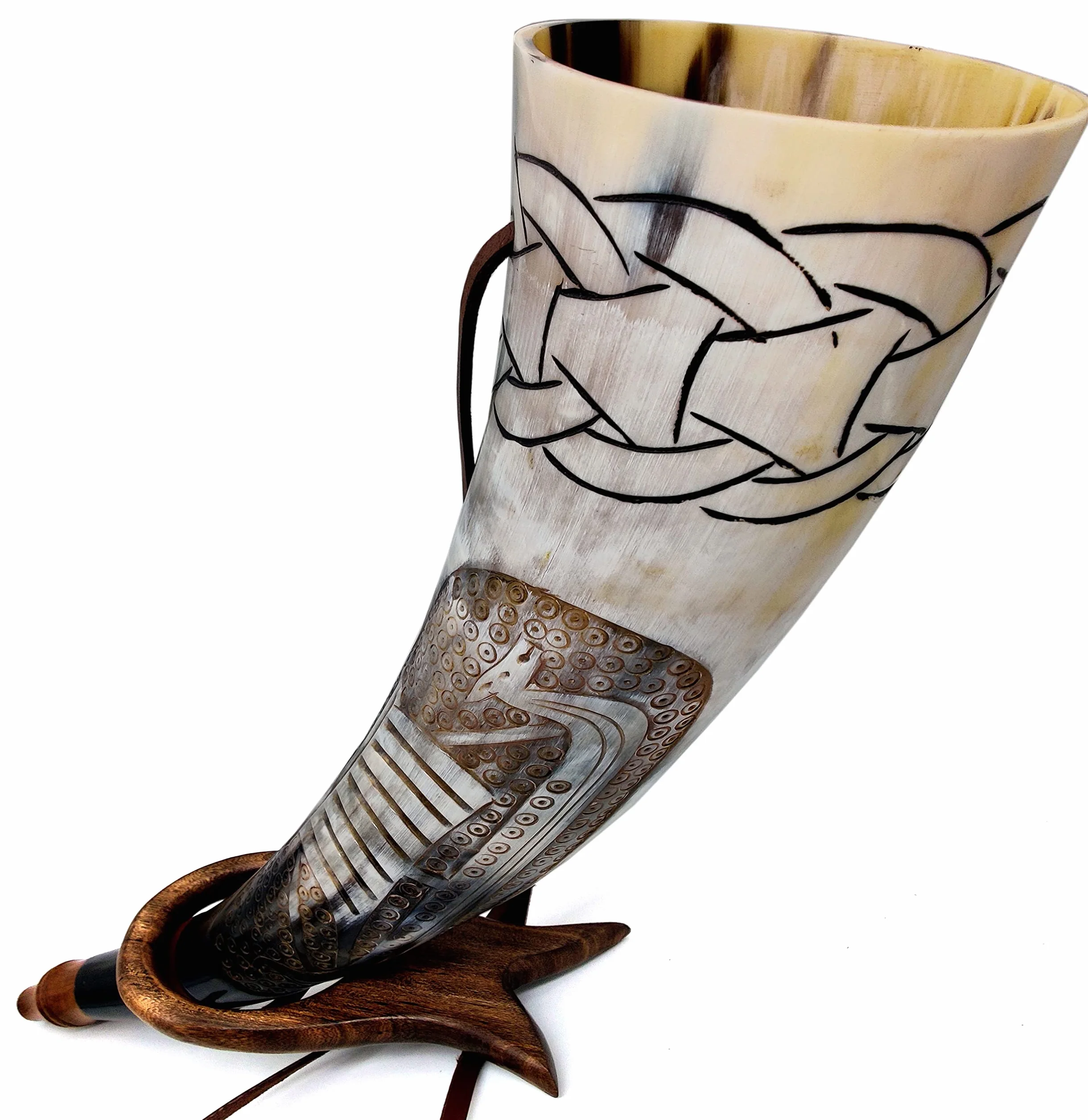Corne de guerre Viking 40,6 cm – Trompette de combat authentique en corne de bœuf gravée à la main – Corne nordique antique avec support