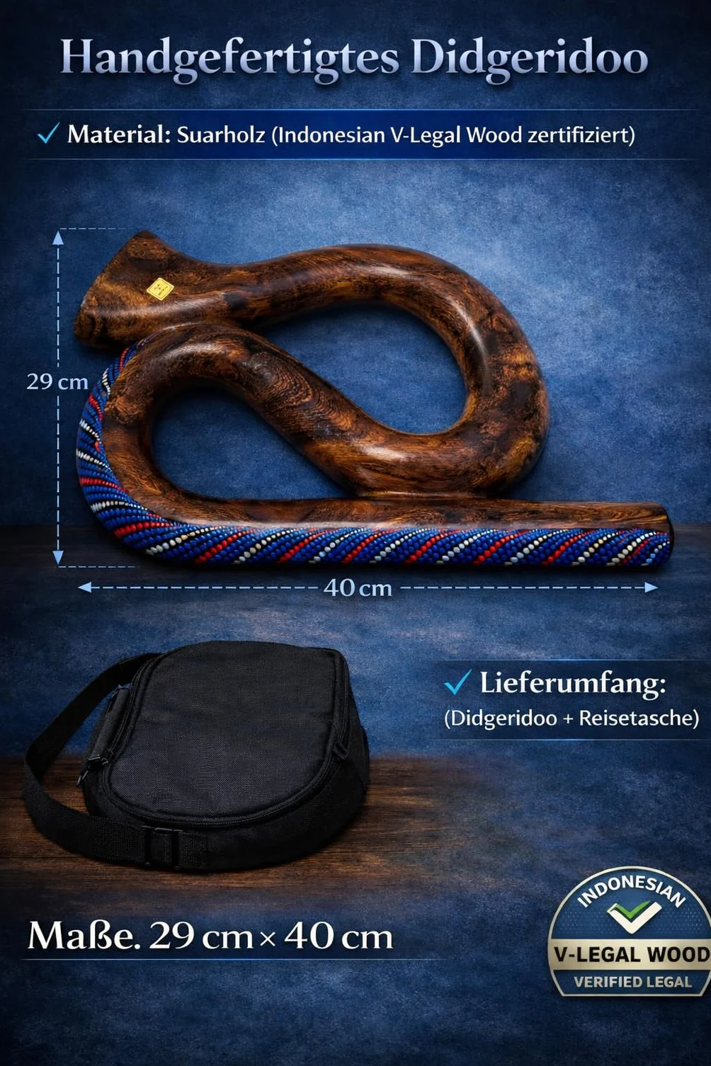 Didgeridoo de voyage en bois de Suar peint à la main, professionnel compact avec sac